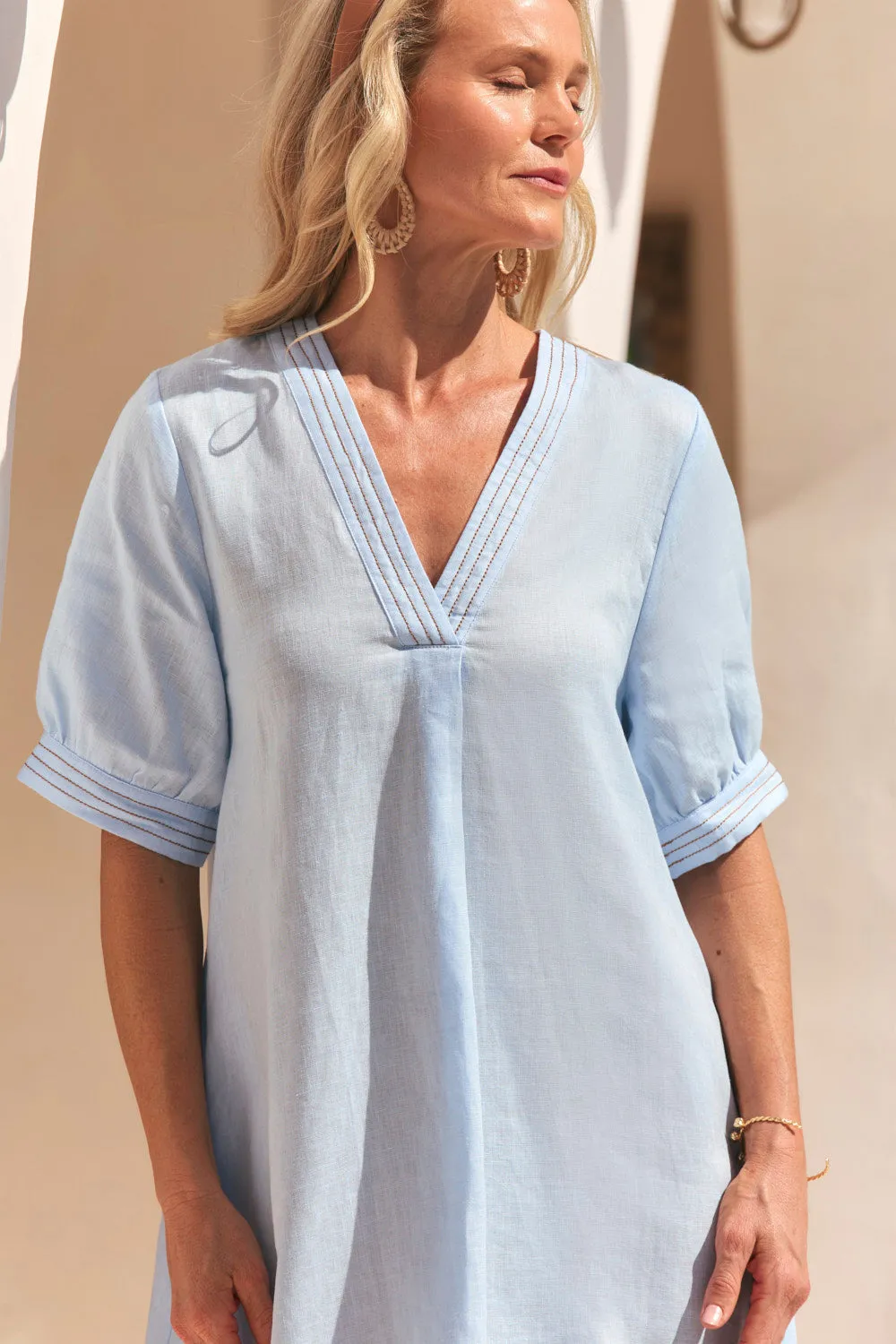 Kora A-Line Puff Sleeve Linen Dress in Powder Blue Work Mix Creative Glow