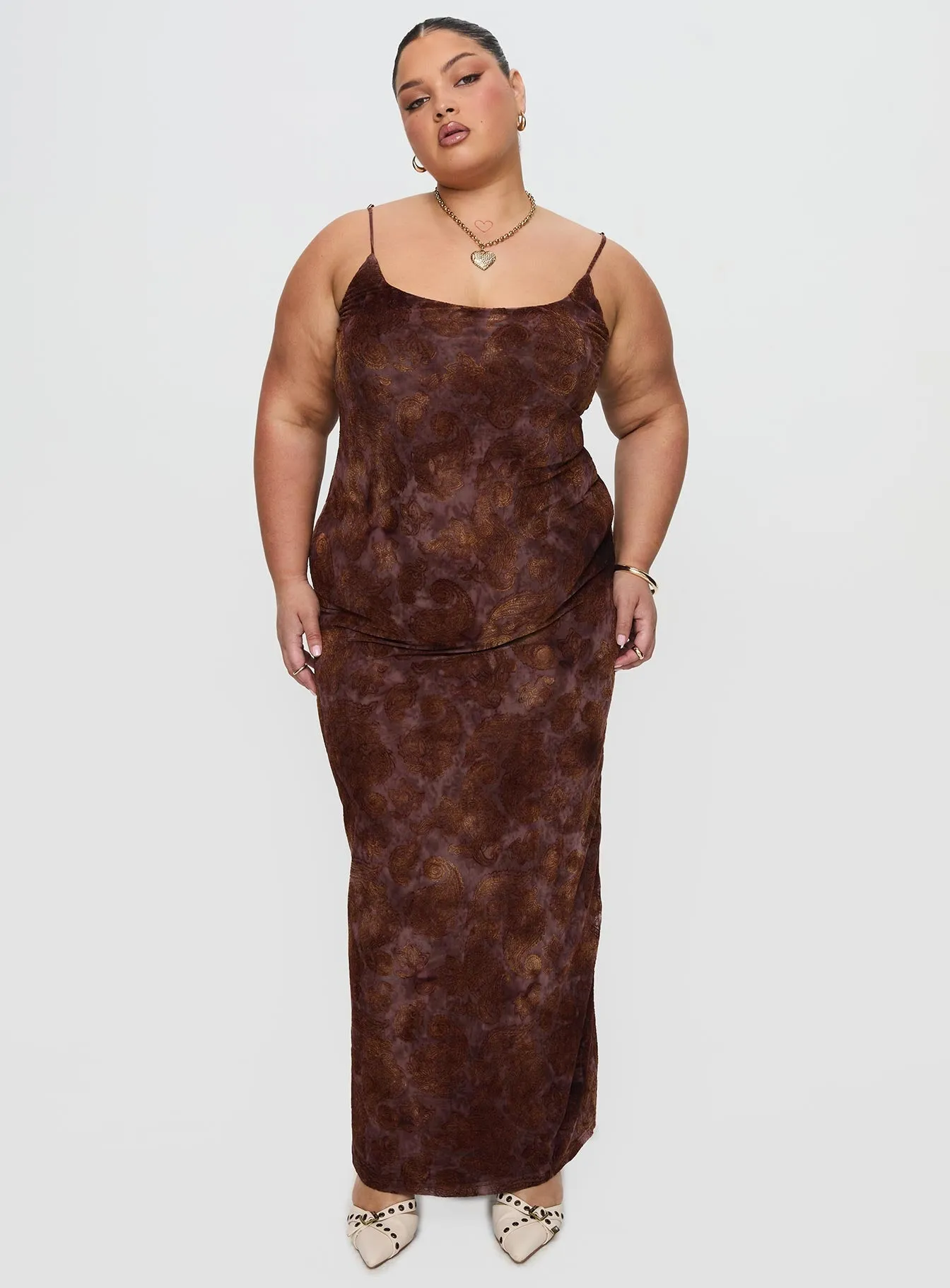 Knox Maxi Dress Chocolate Paisley Curve Elegant formal affair gown Designed to suit all body types this dress provides a flattering fit for every figure
