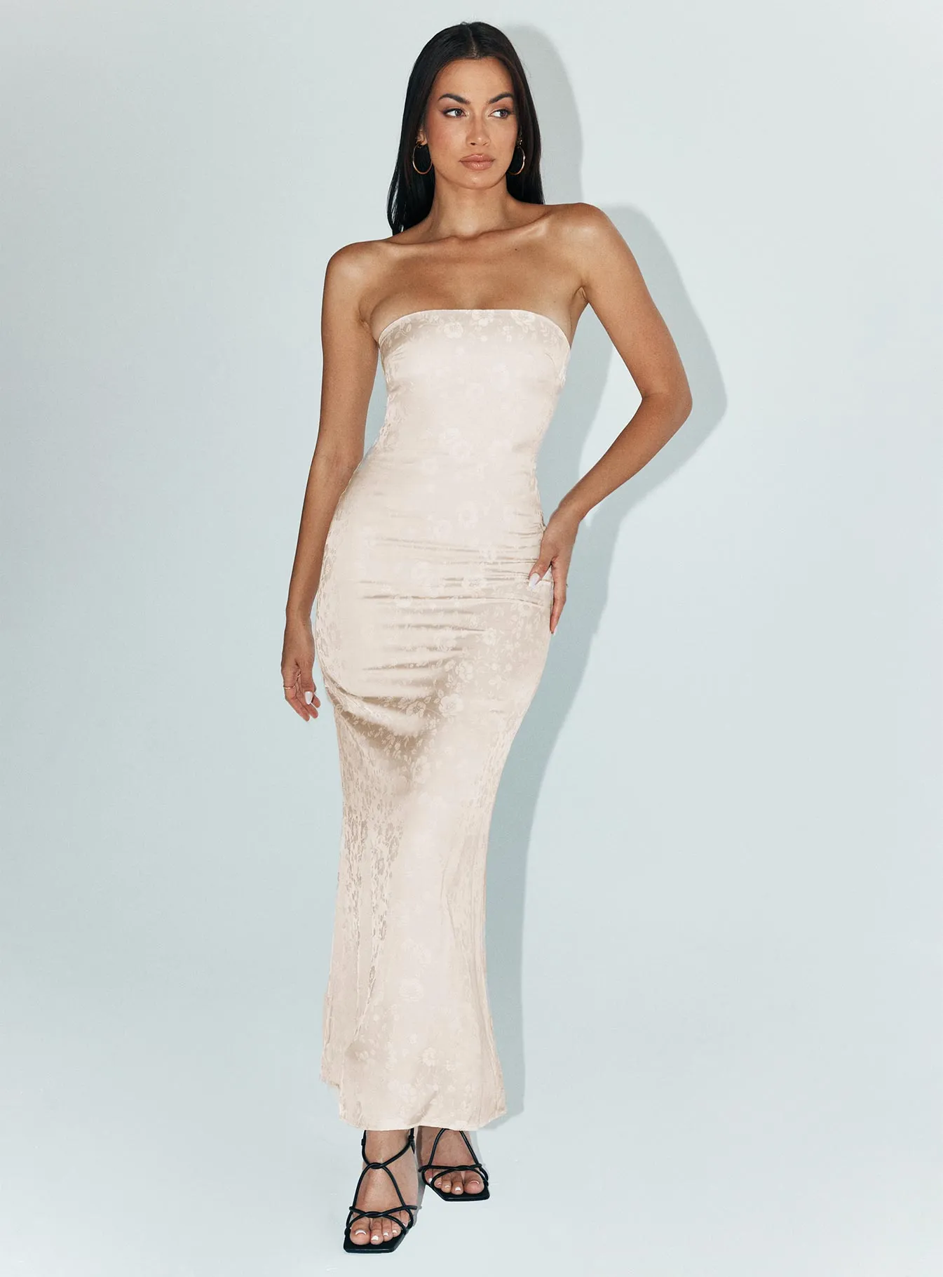 Peony Bloom Blue Hour Salvin Strapless Maxi Dress Champagne