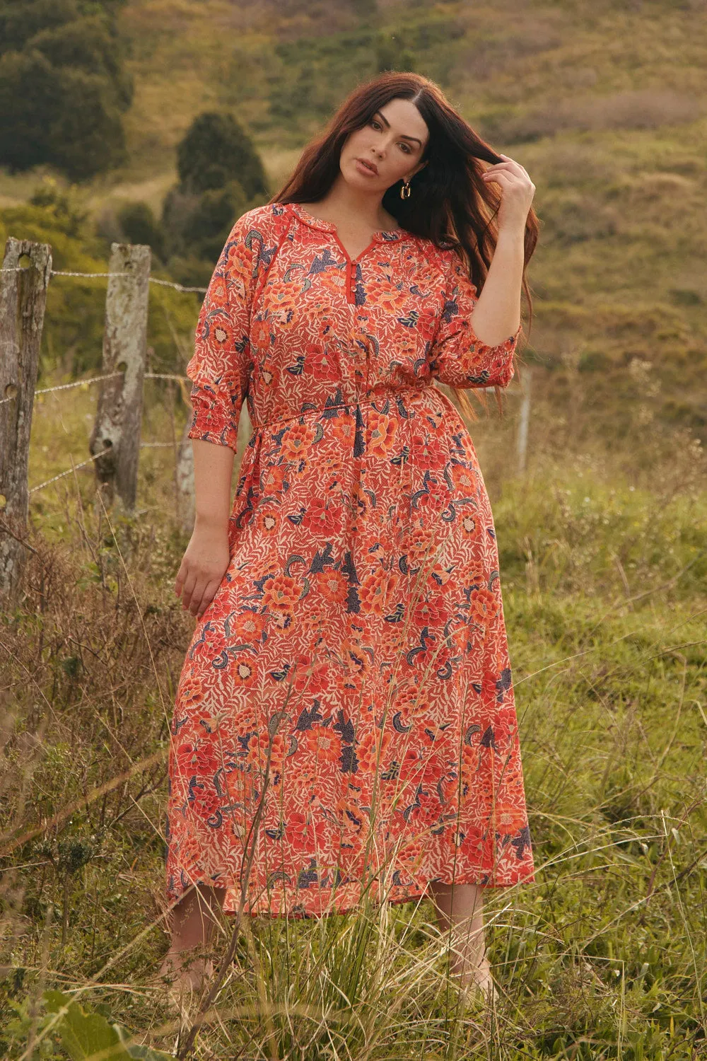 Robin Tunic Dress in Crimson Haze Drizzle Sky Field Glow