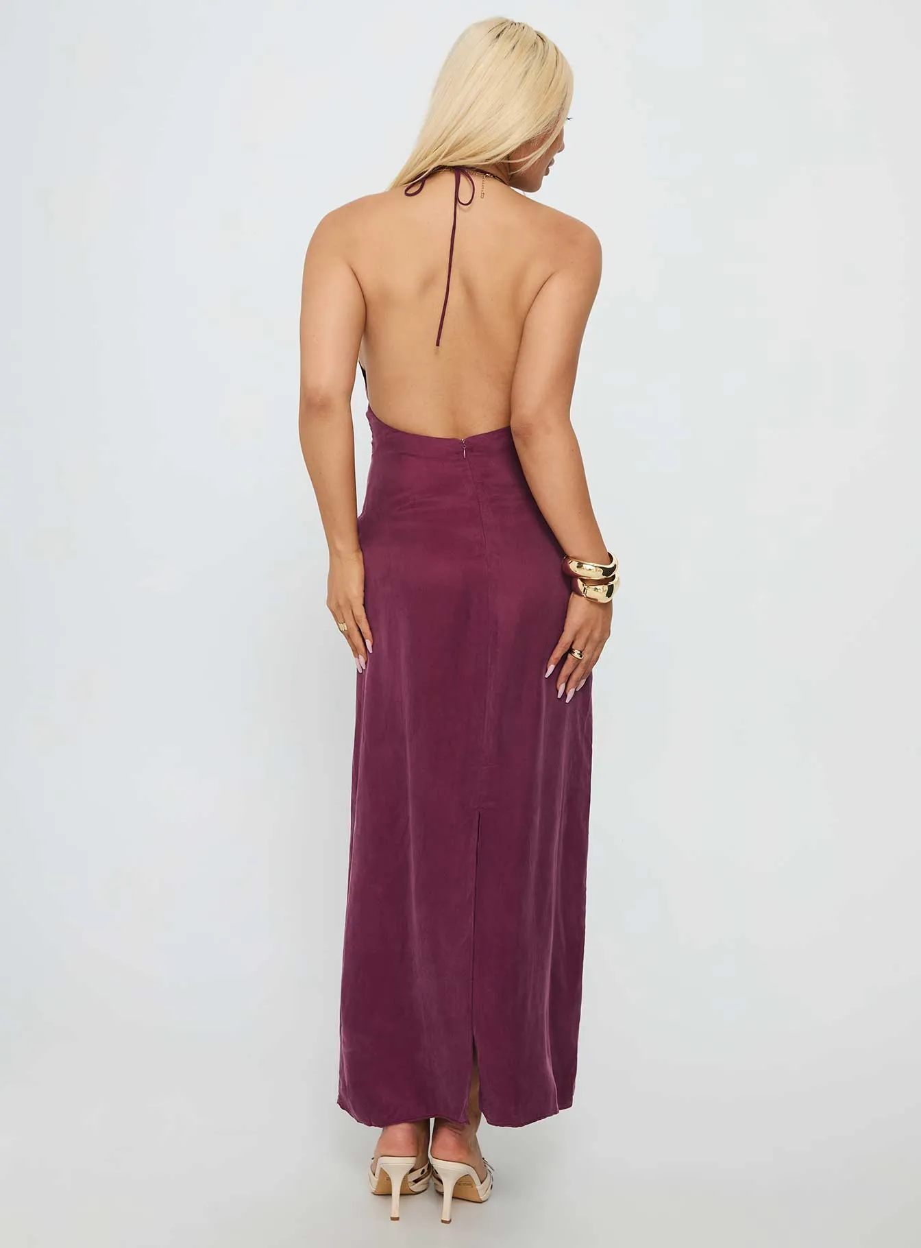 True Companion Halter Maxi Dress Berry The dress??s simple design allows you to dress it up or down depending on your style Bead Shine