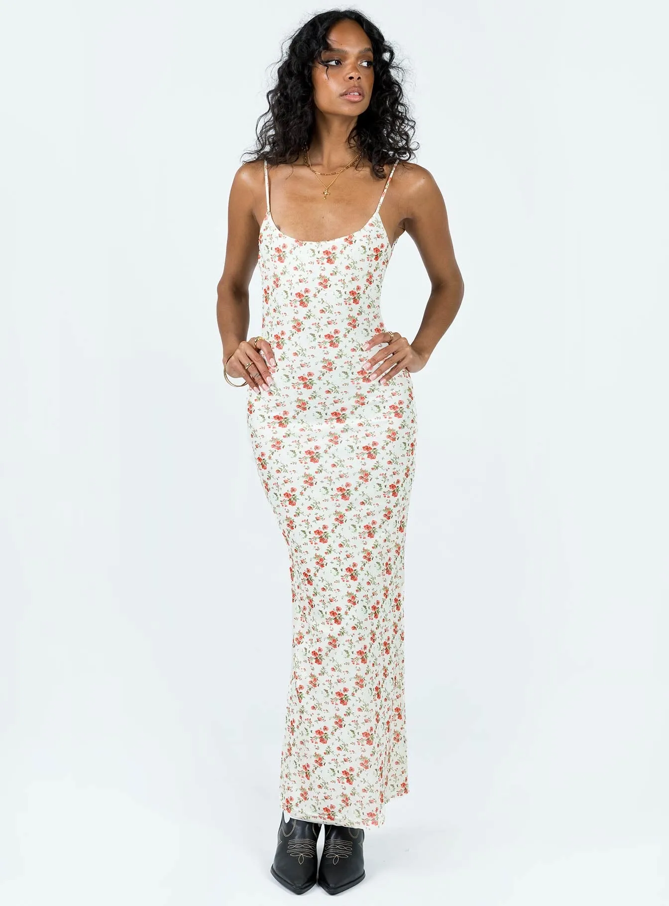 Knox Maxi Dress Beige Floral Crystal Shine Layer Art