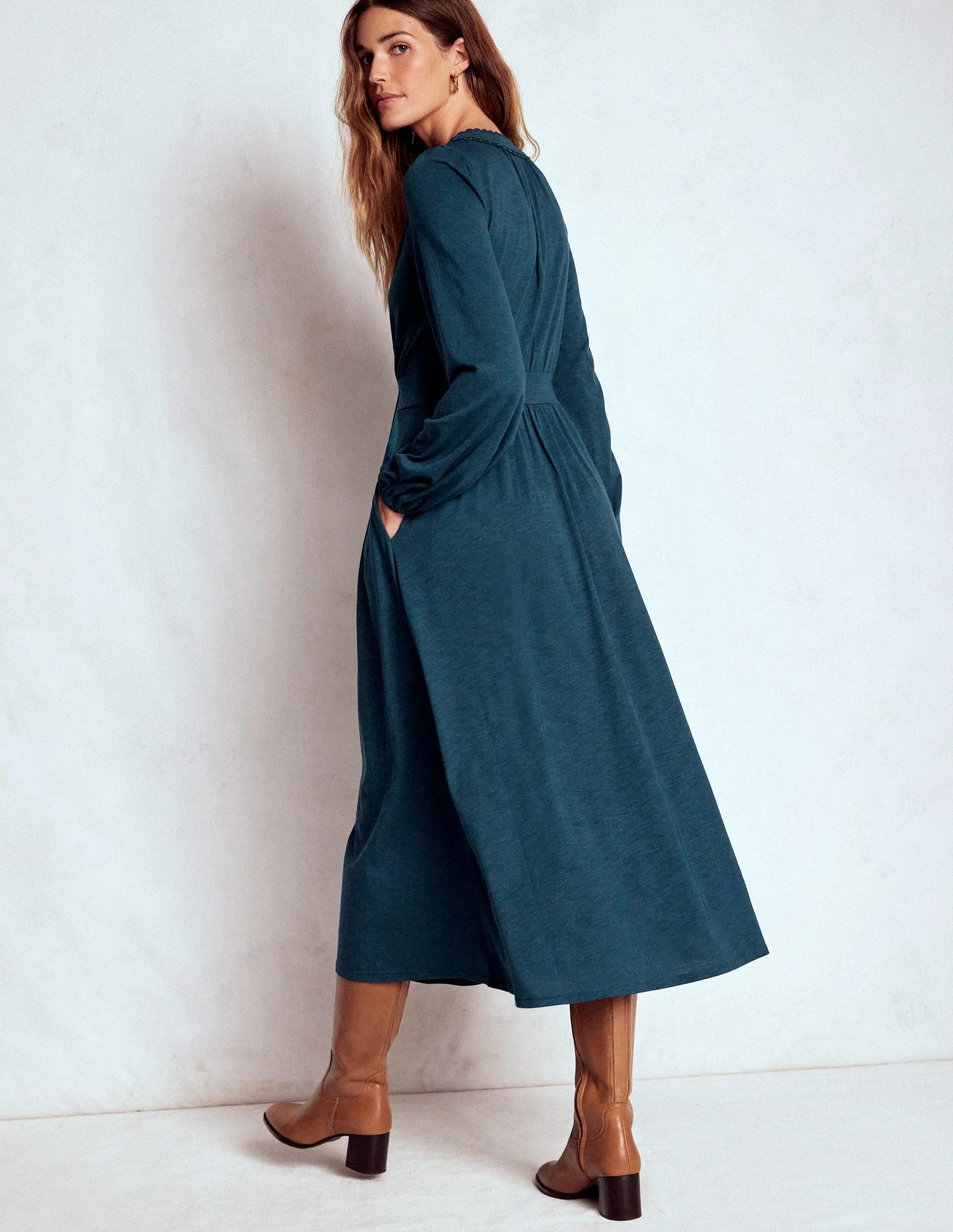 Tulle Light Garden Stroll Maddie Picot Trim Midi Dress-Midnight Teal