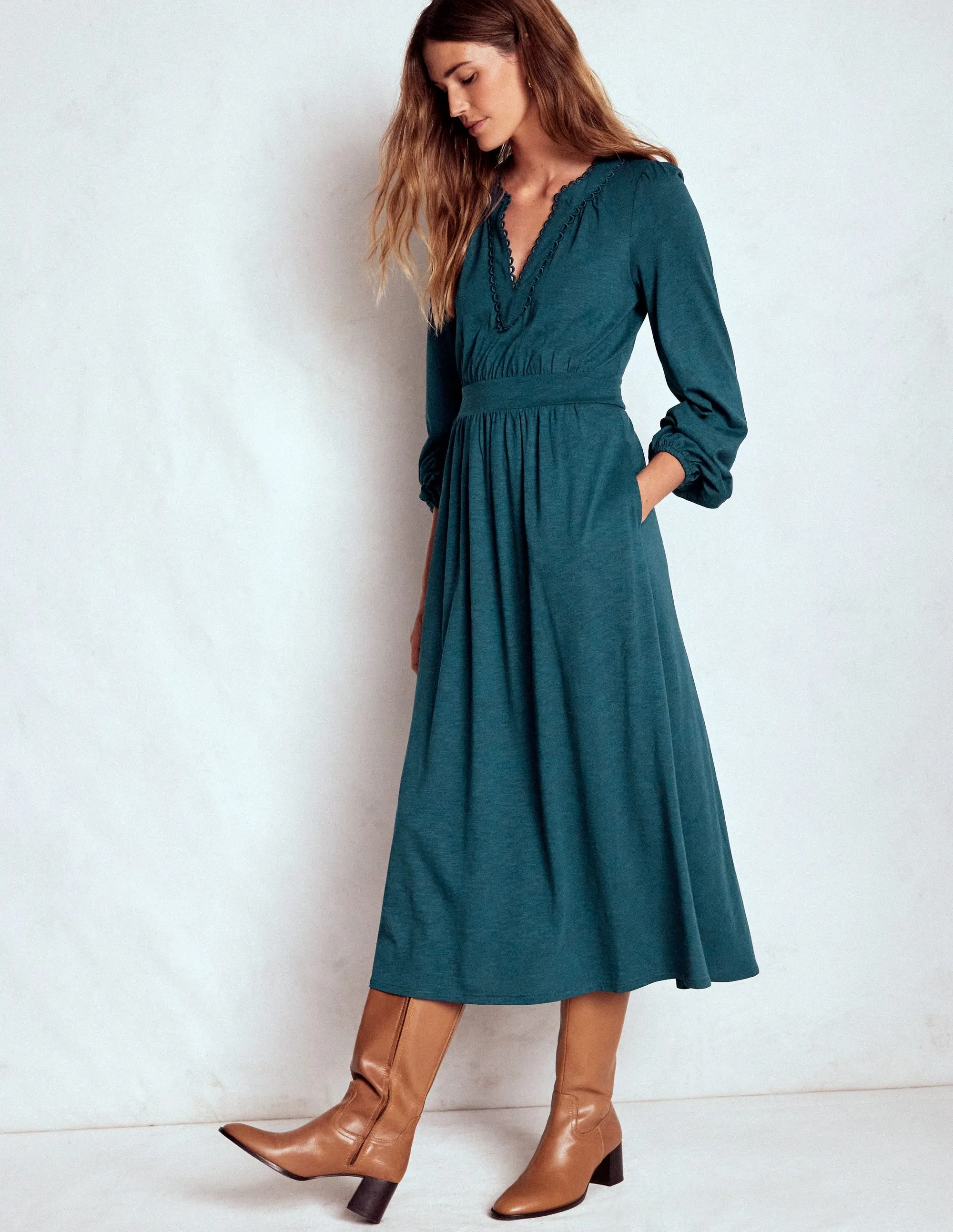 Silk Flow old town Maddie Picot Trim Midi Dress-Midnight Teal