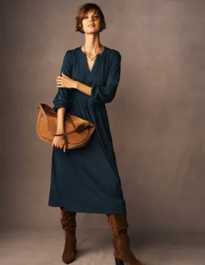 Storm Sky Maddie Picot Trim Midi Dress-Midnight Teal
