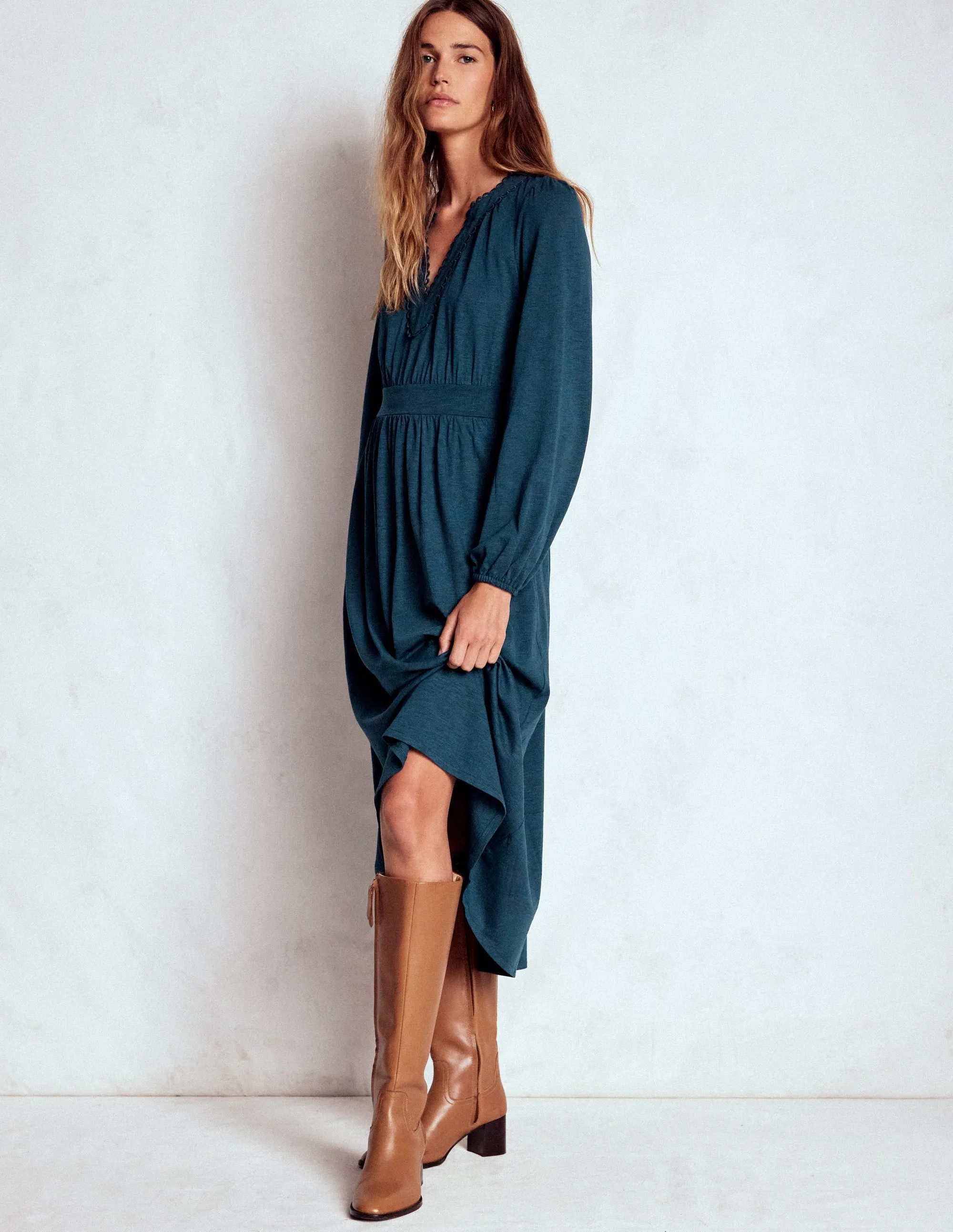 Maddie Picot Trim Midi Dress-Midnight Teal Gold Hour Fur Warm