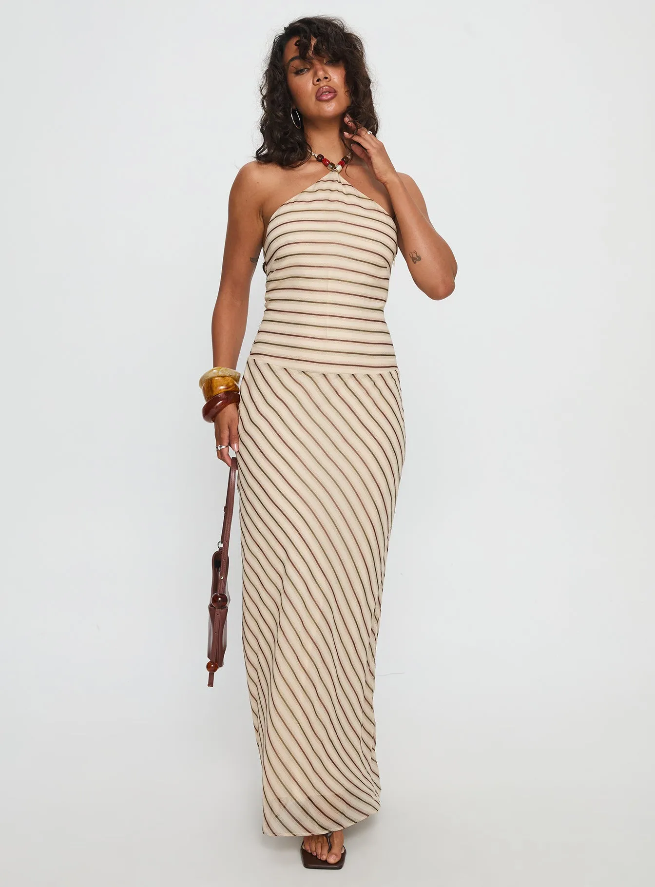 Tropeza Beaded Halter Maxi Dress Multi Stripe Shimmer Sky