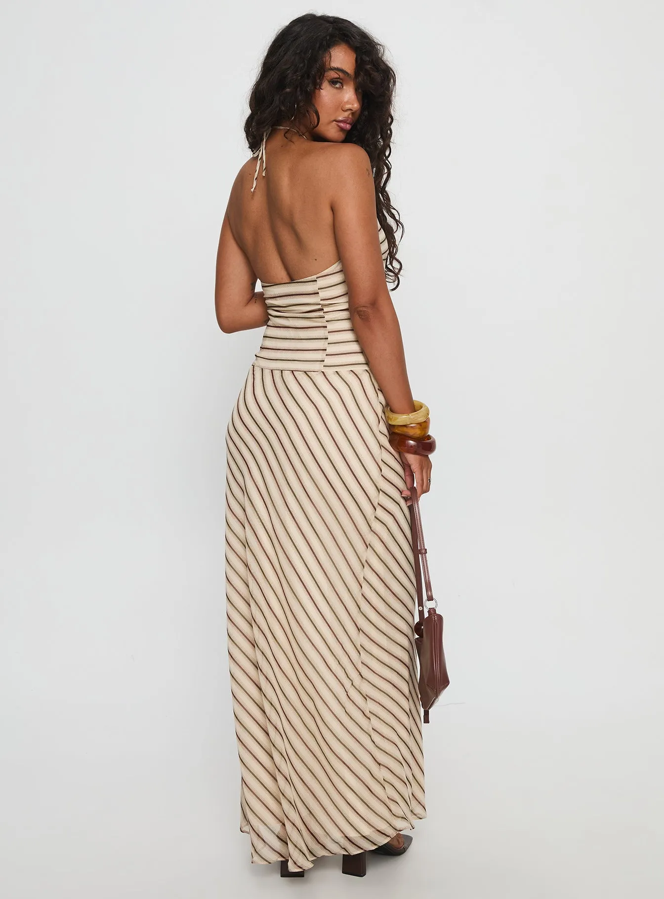 Tropeza Beaded Halter Maxi Dress Multi Stripe embroidery work Modern Edge