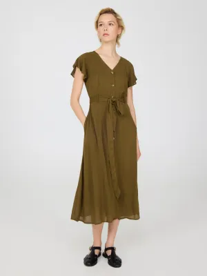 Work Ready Outfit Simple Comfort Flutter Sleeve Button-Front Midi Dress