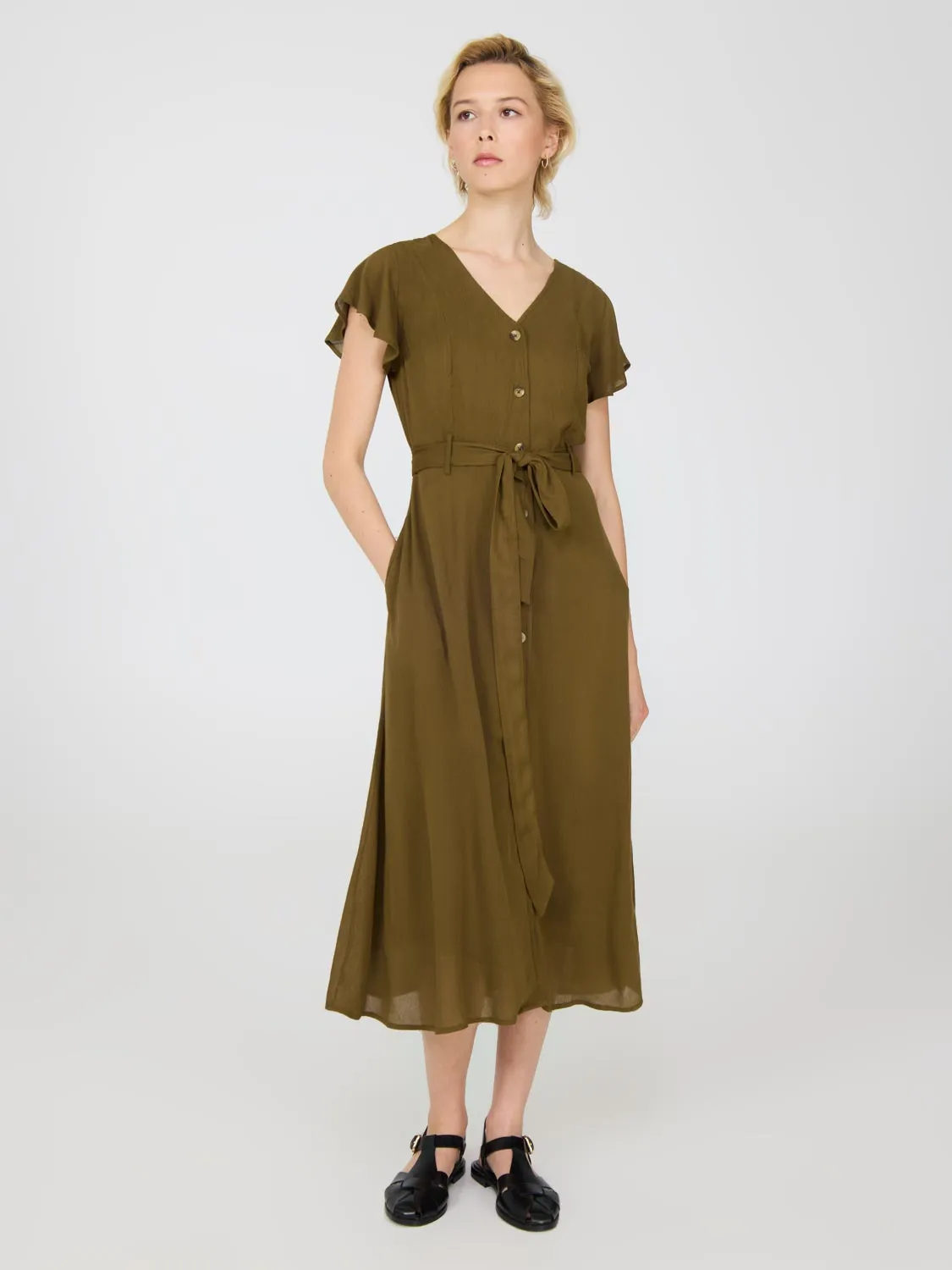 Work Ready Outfit Simple Comfort Flutter Sleeve Button-Front Midi Dress