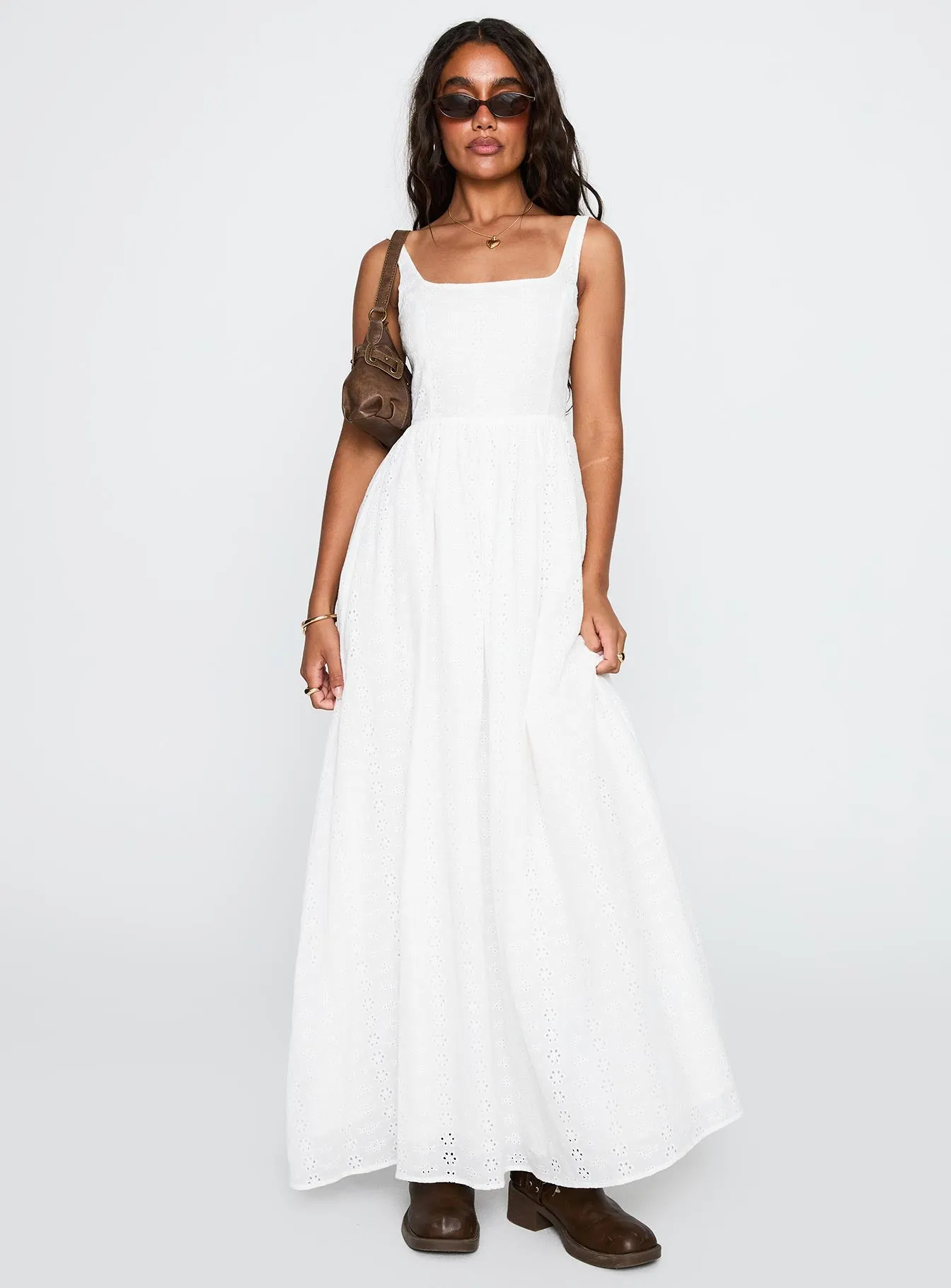 Cartmel Broderie Maxi Dress White Blossom View Classic sleeveless floor dress