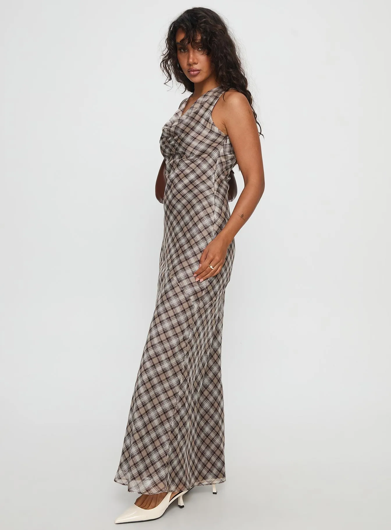 Door Arch Veida Cowl Neck Maxi Dress Brown Check