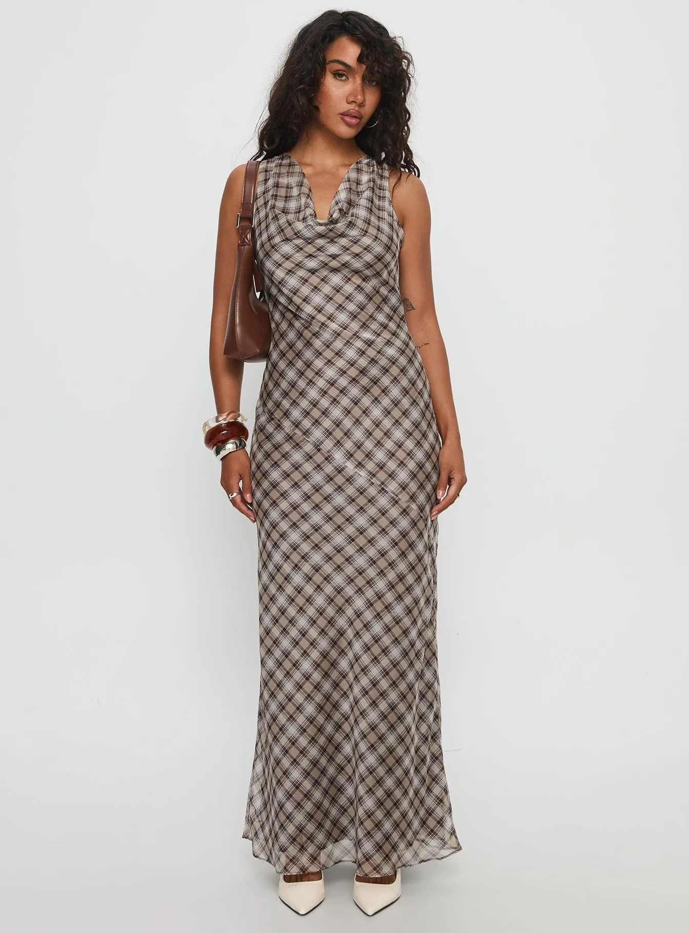 Veida Cowl Neck Maxi Dress Brown Check Air Glow
