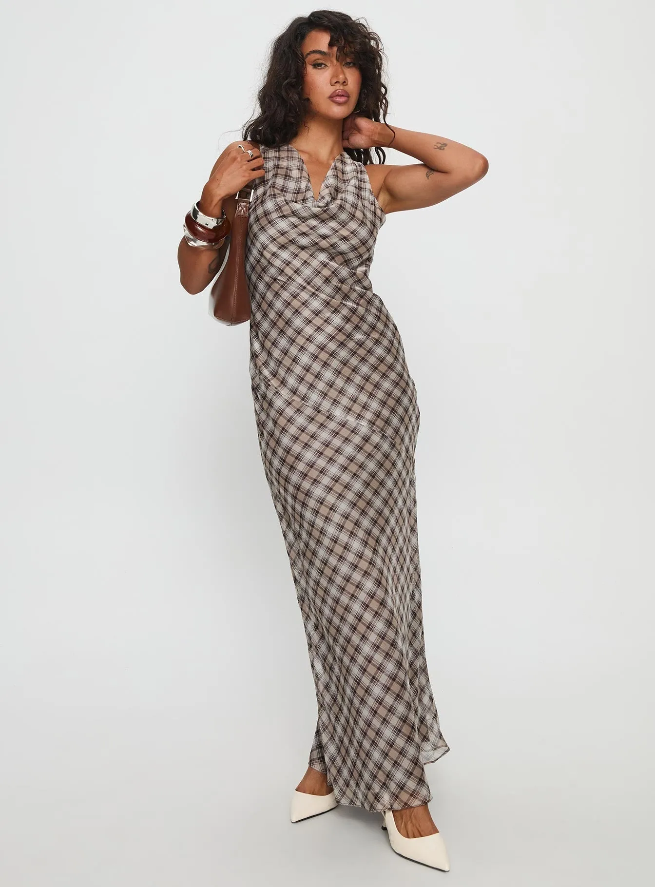 Veida Cowl Neck Maxi Dress Brown Check Designed with simplicity and sophistication in mind this dress is perfect for any occasion Early Light