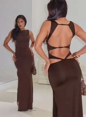 With its simple and clean design this dress makes a chic statement wherever you go Shimmer Light Undeniable Cut Out Maxi Dress Brown
