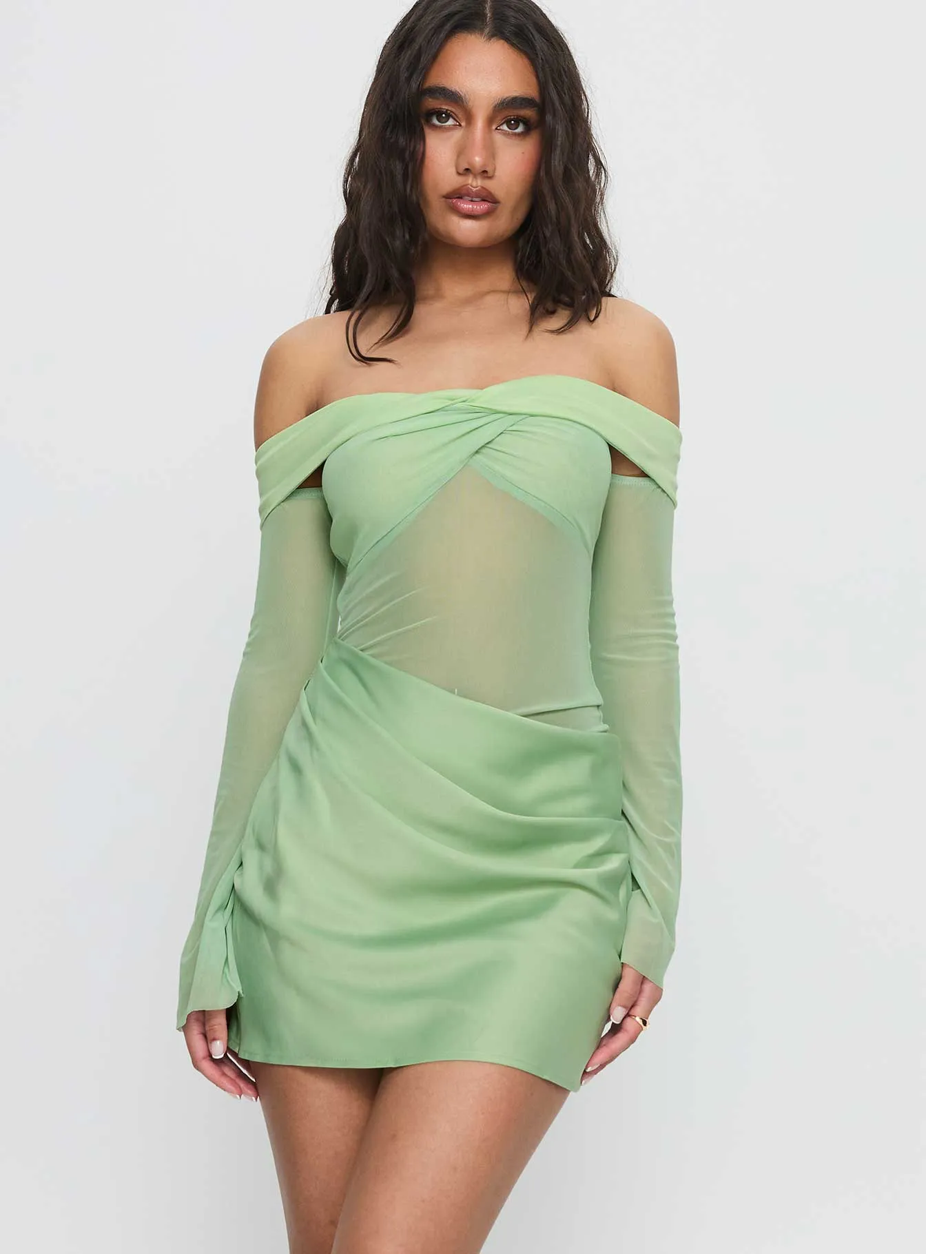 Light Charm Zaize Long Sleeve Twist Mini Dress Sage