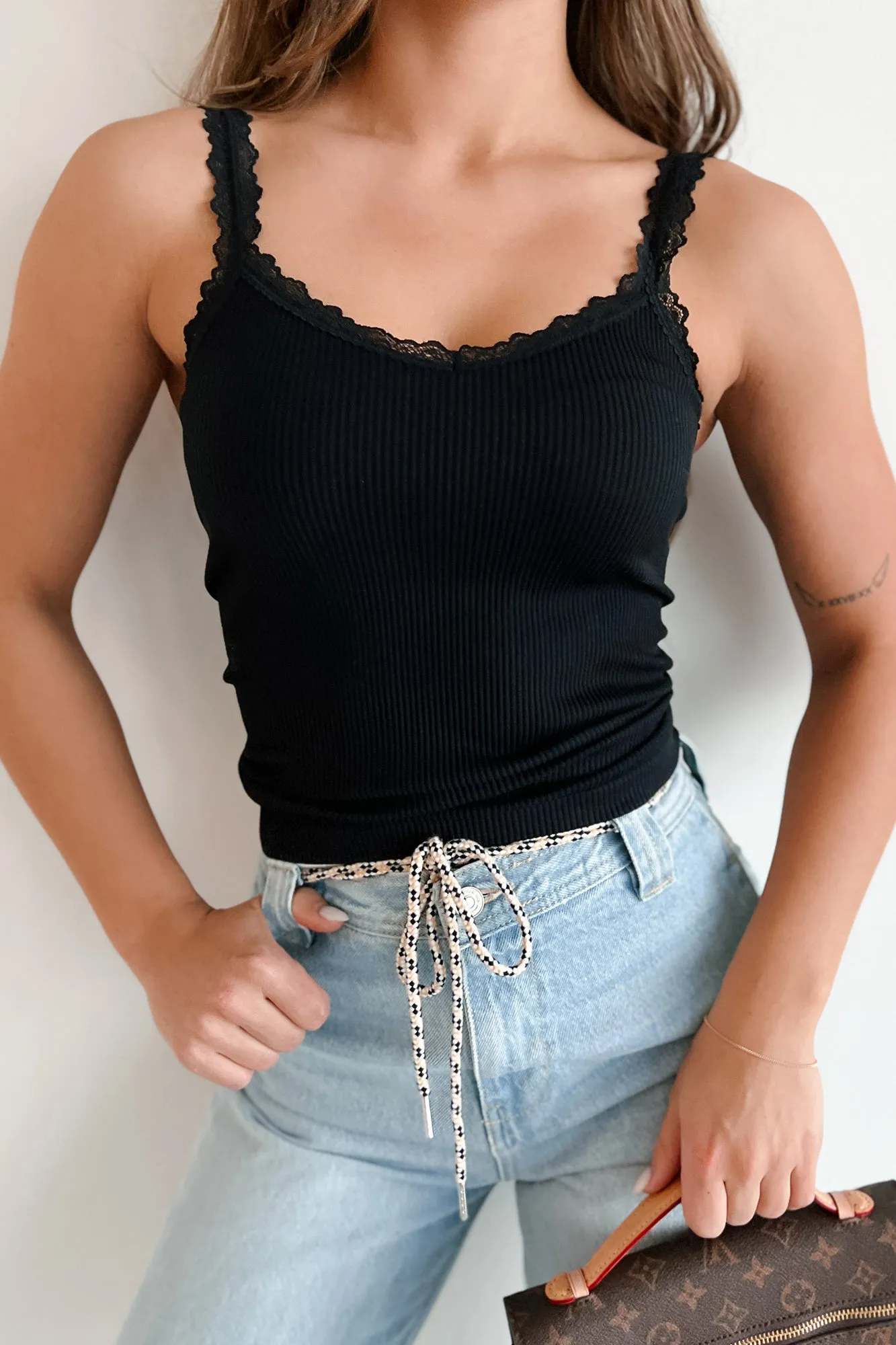 Getting Along Fine Ribbed Lace Trim Tank Top (Black) research and development