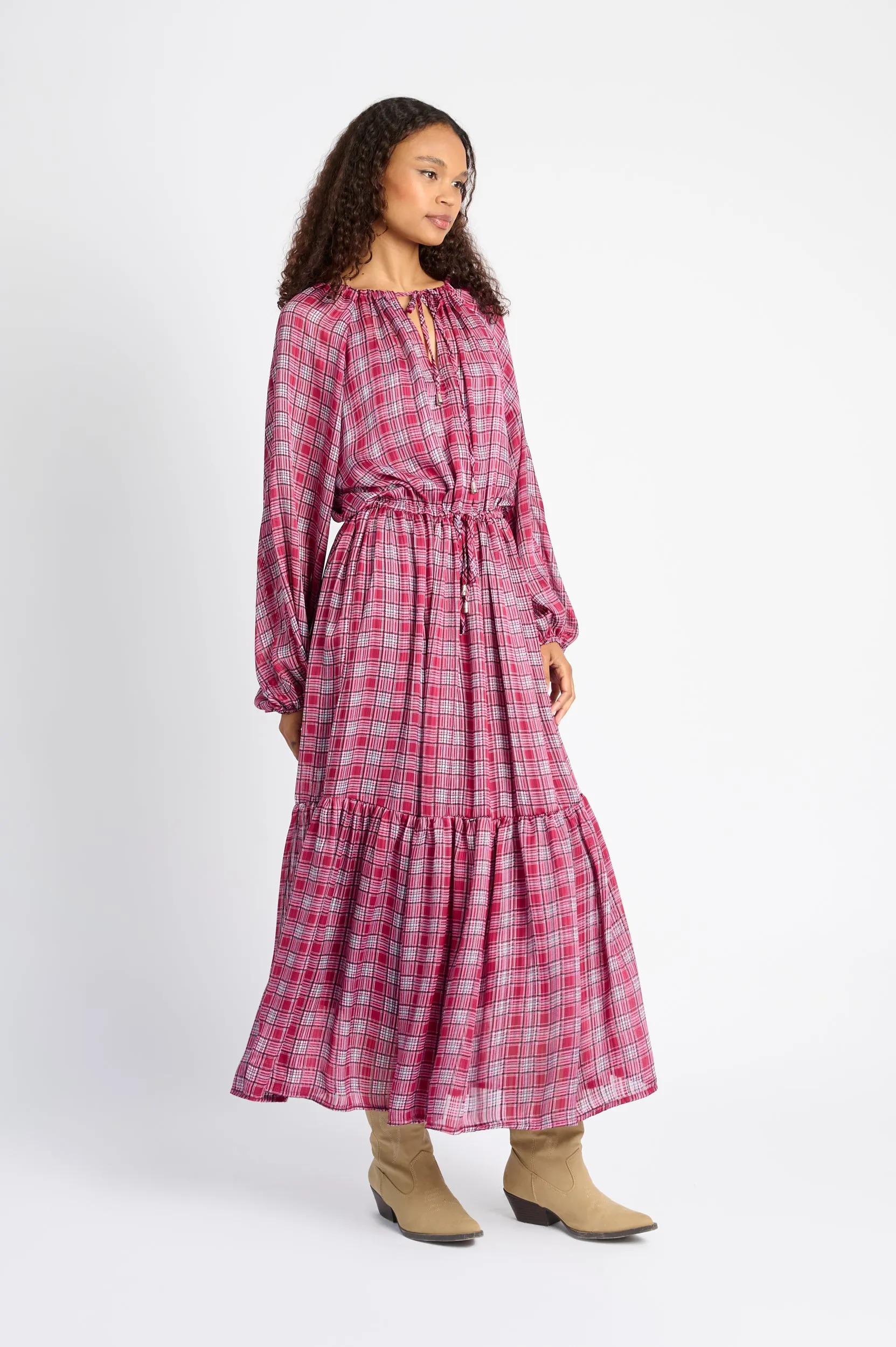 Maxi Peasant Dress in Check Run Glow Windproof Outer Layer