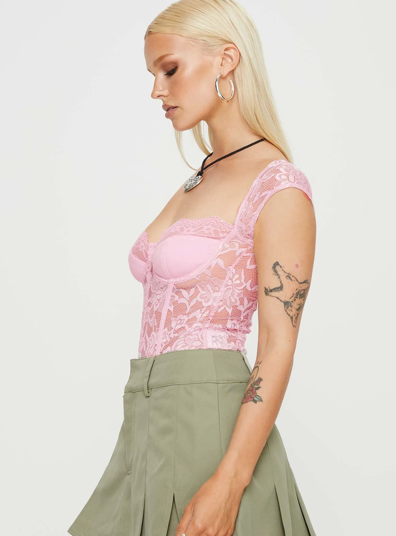 Cadrot Lace Bodysuit Pink Loose Travel Office Street
