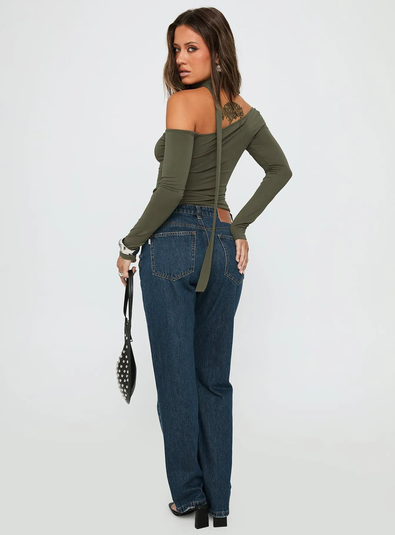 Relaxed Thigh Cut Laser Cut Edges Vesperis Mid Rise Slim Leg Jeans Dark Blue Wash