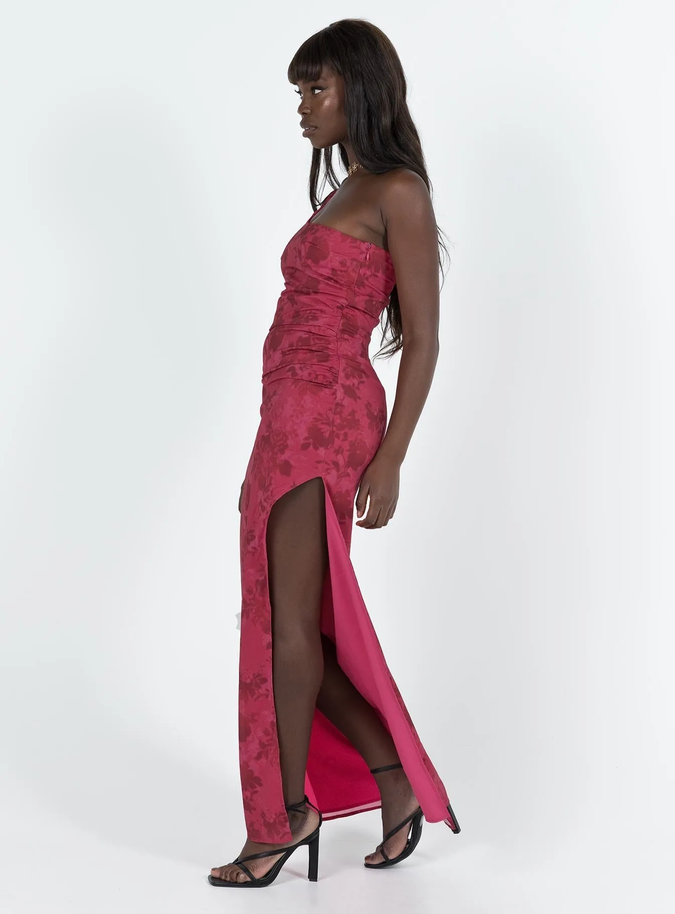 Chika One Shoulder Maxi Dress Red Pleat Glow Flower Lane