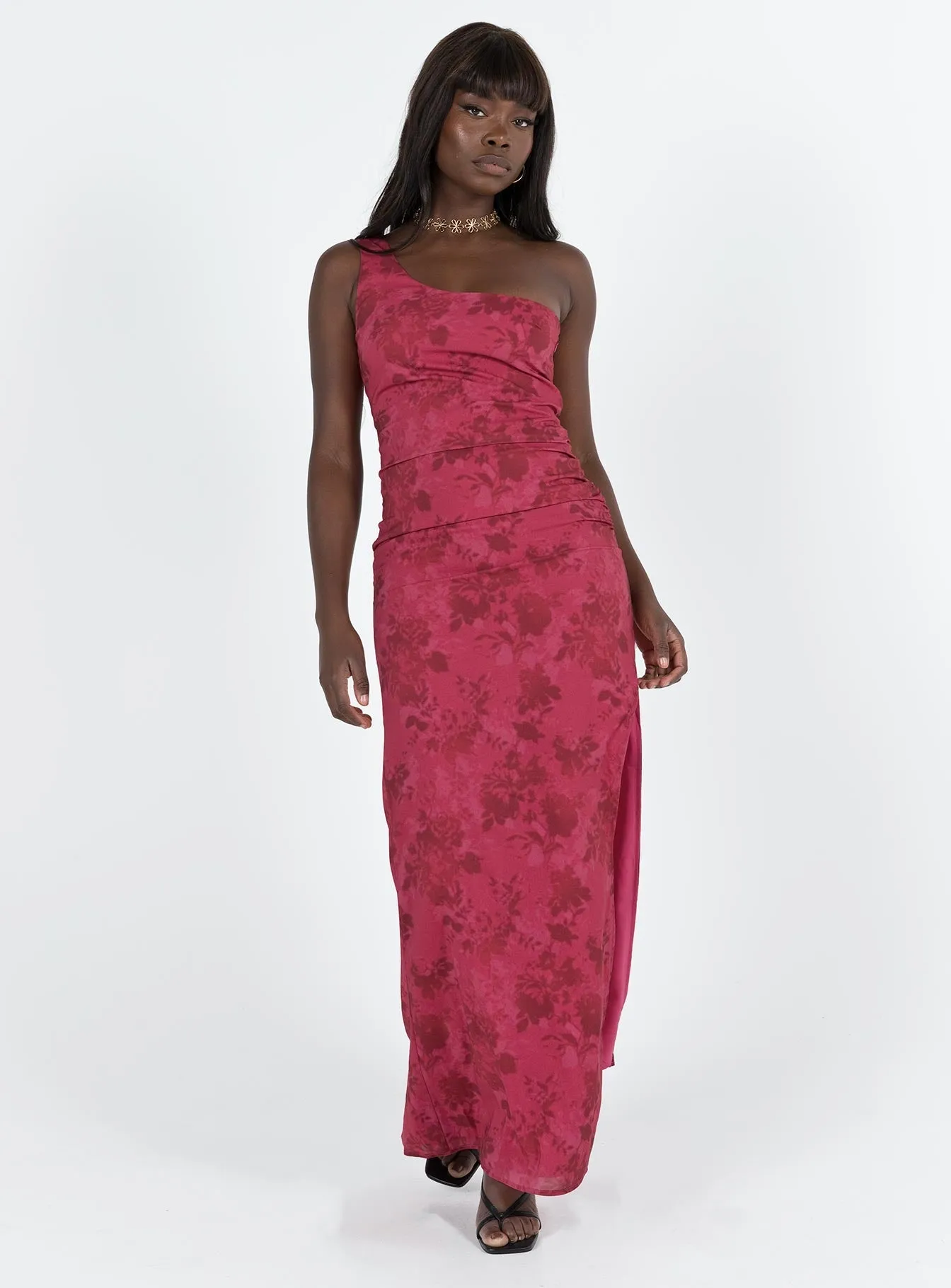 Vibrant floral maxi Chika One Shoulder Maxi Dress Red