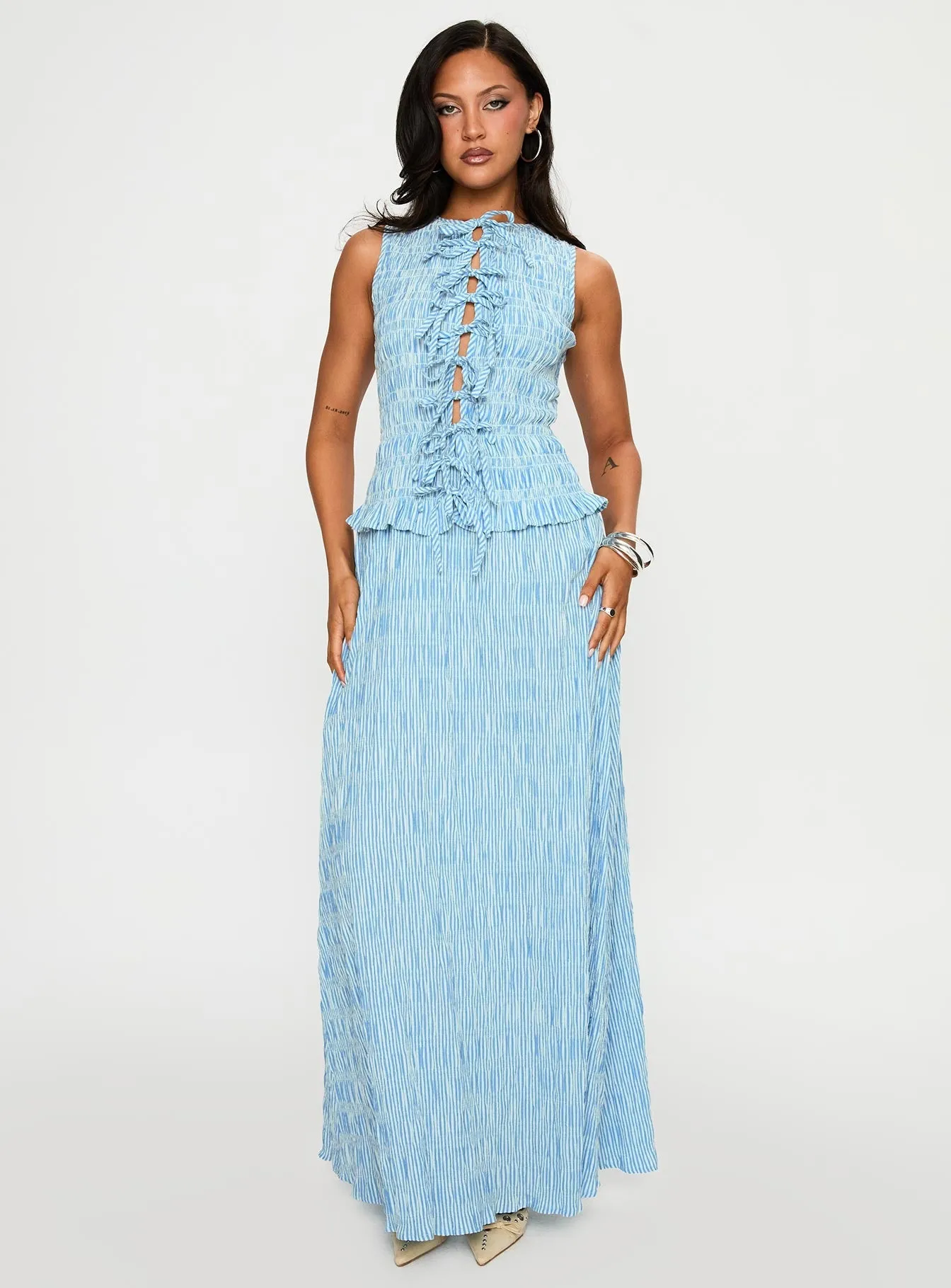 Songbird Shirred Maxi Dress Blue feminine grace Lawn Wedding