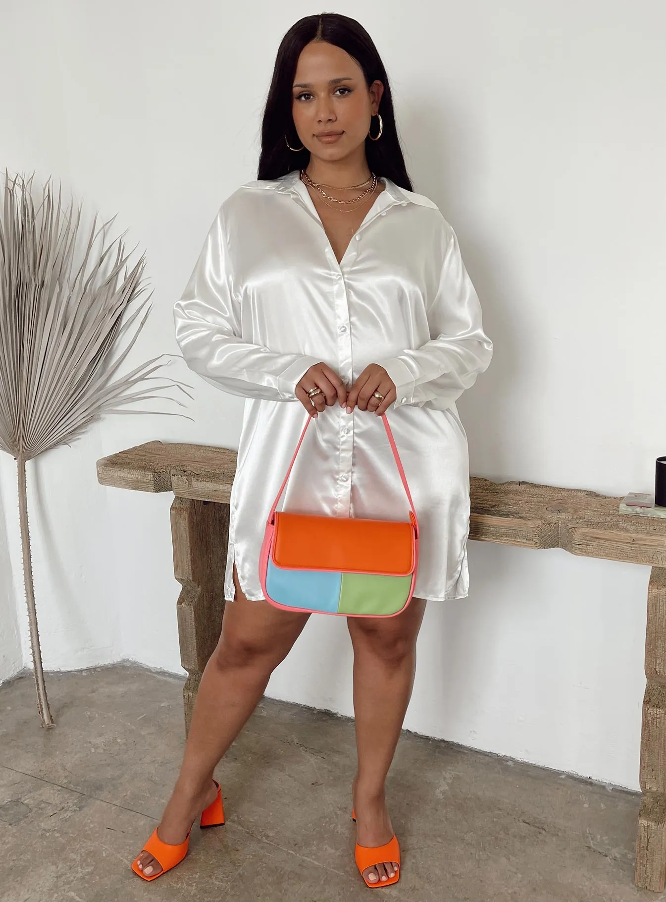 90210 Satin Shirt Mini Dress White Curve Layered Panel Design