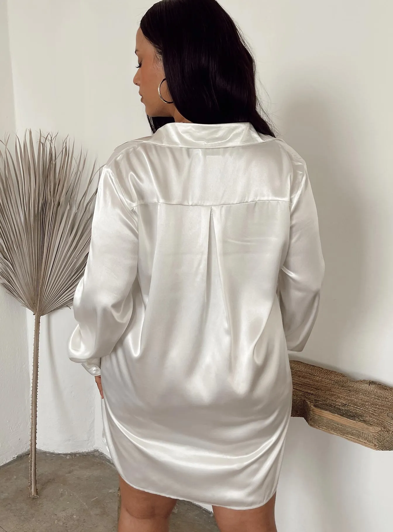 Late Glam Relaxed mini for warm days 90210 Satin Shirt Mini Dress White Curve