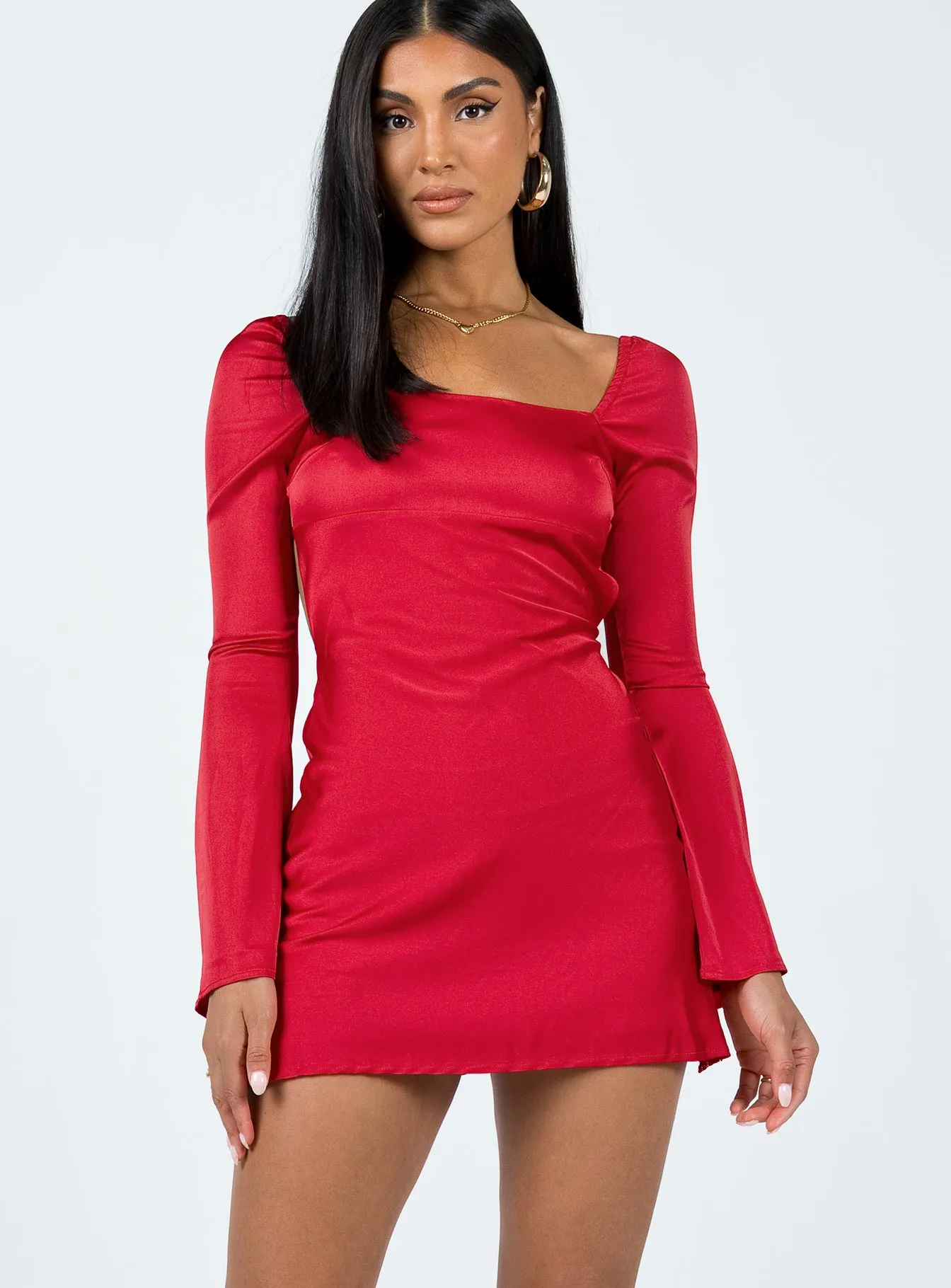 Shine Bold Comfortable party wear Beresford Long Sleeve Mini Dress Red
