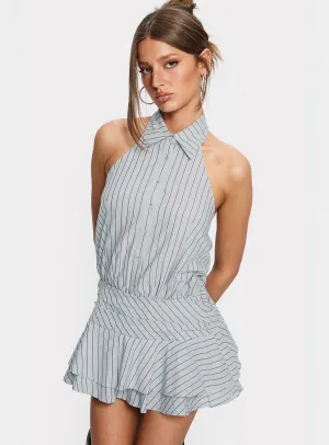 Soreia Halter Tiered Mini Dress Blue Stripe City Shine