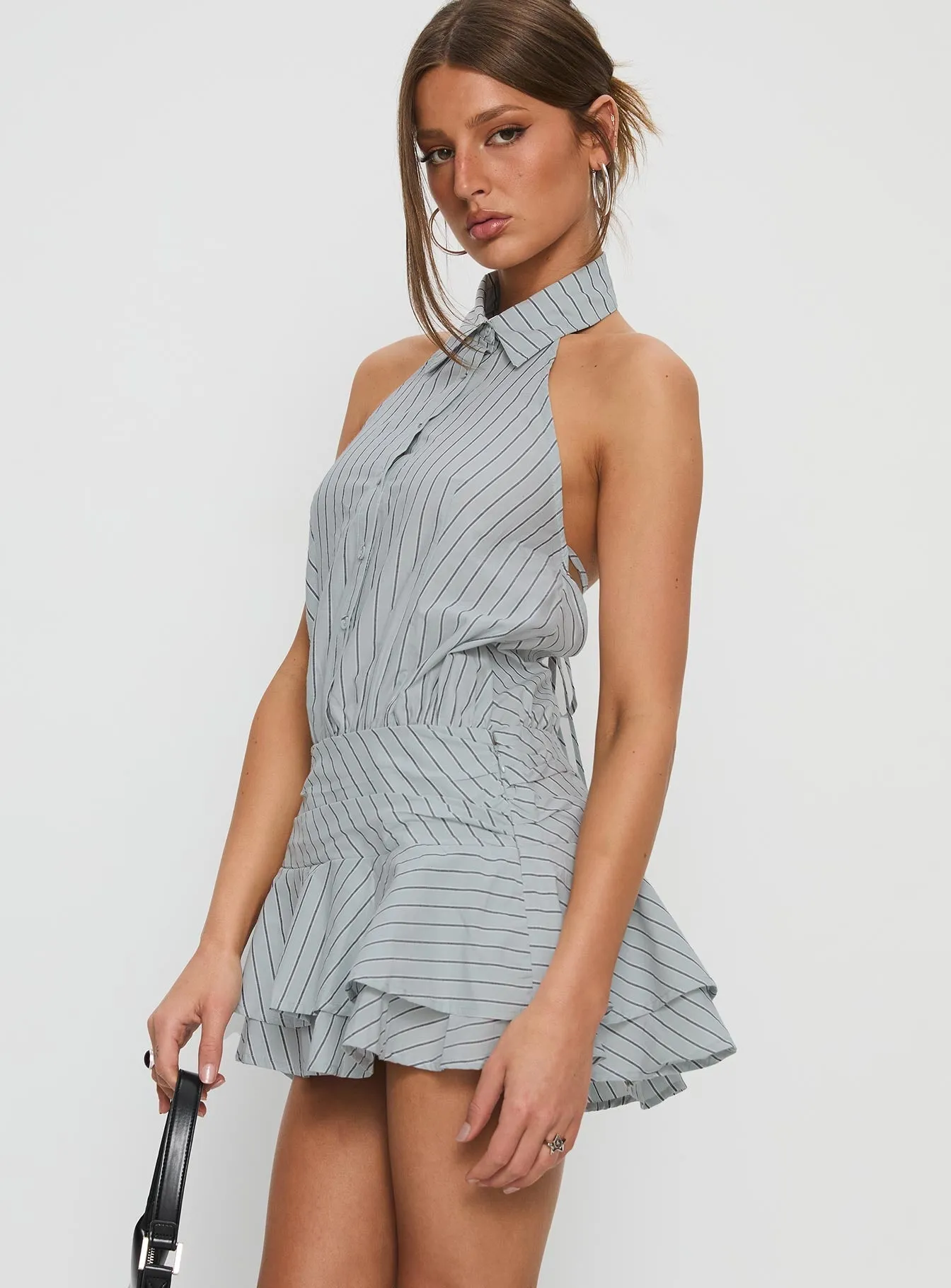 Star Beat Soreia Halter Tiered Mini Dress Blue Stripe