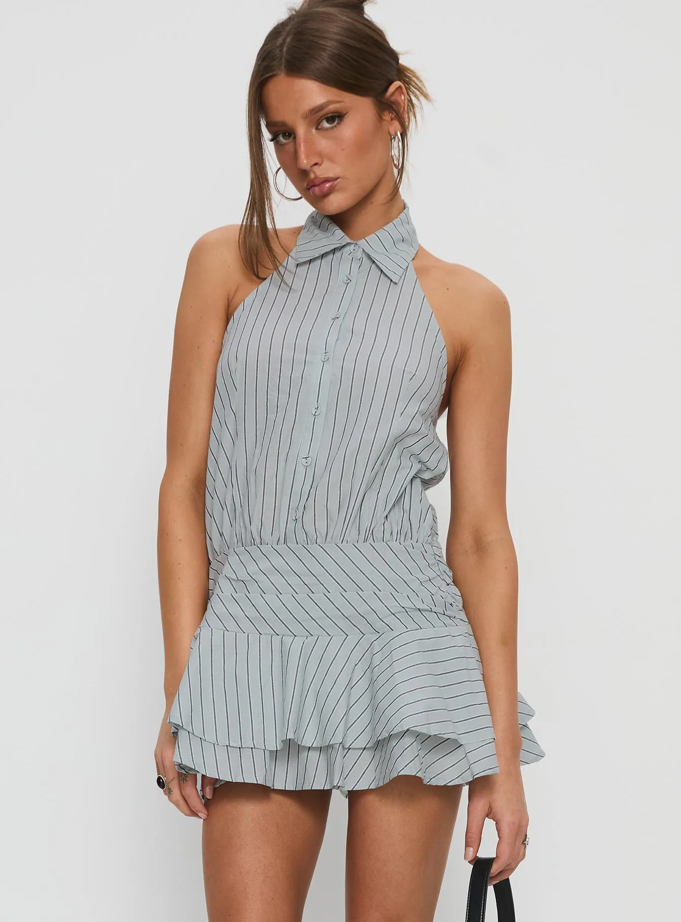 Soreia Halter Tiered Mini Dress Blue Stripe Hidden Pocket Design Urban Soft