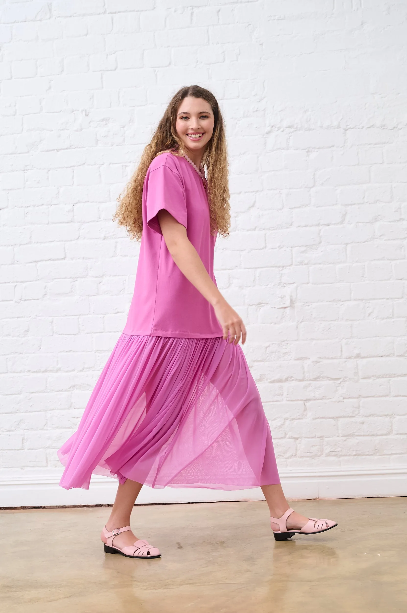 Raspberry Mesh Combo Tshirt Dress ShrinkageFree Fabric QuickEvaporation