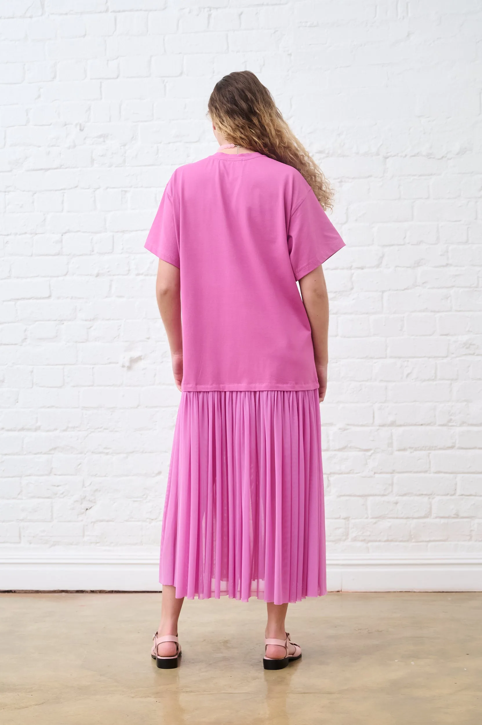 Raspberry Mesh Combo Tshirt Dress HighElasticity