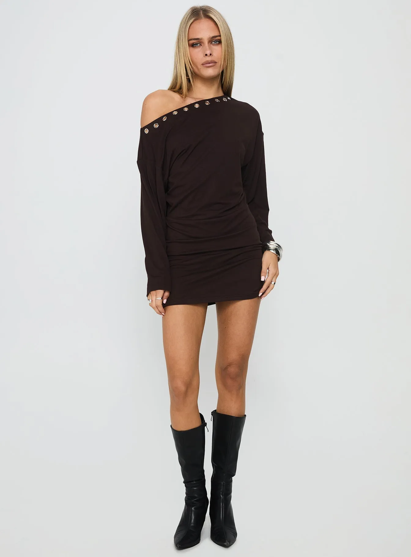 Easy Wear Sakaia Long Sleeve Eyelet Mini Dress Brown