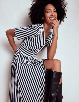 Natalia Jersey Tea Dress-French Navy, Ivory Stripe Gem Shine Tower Look
