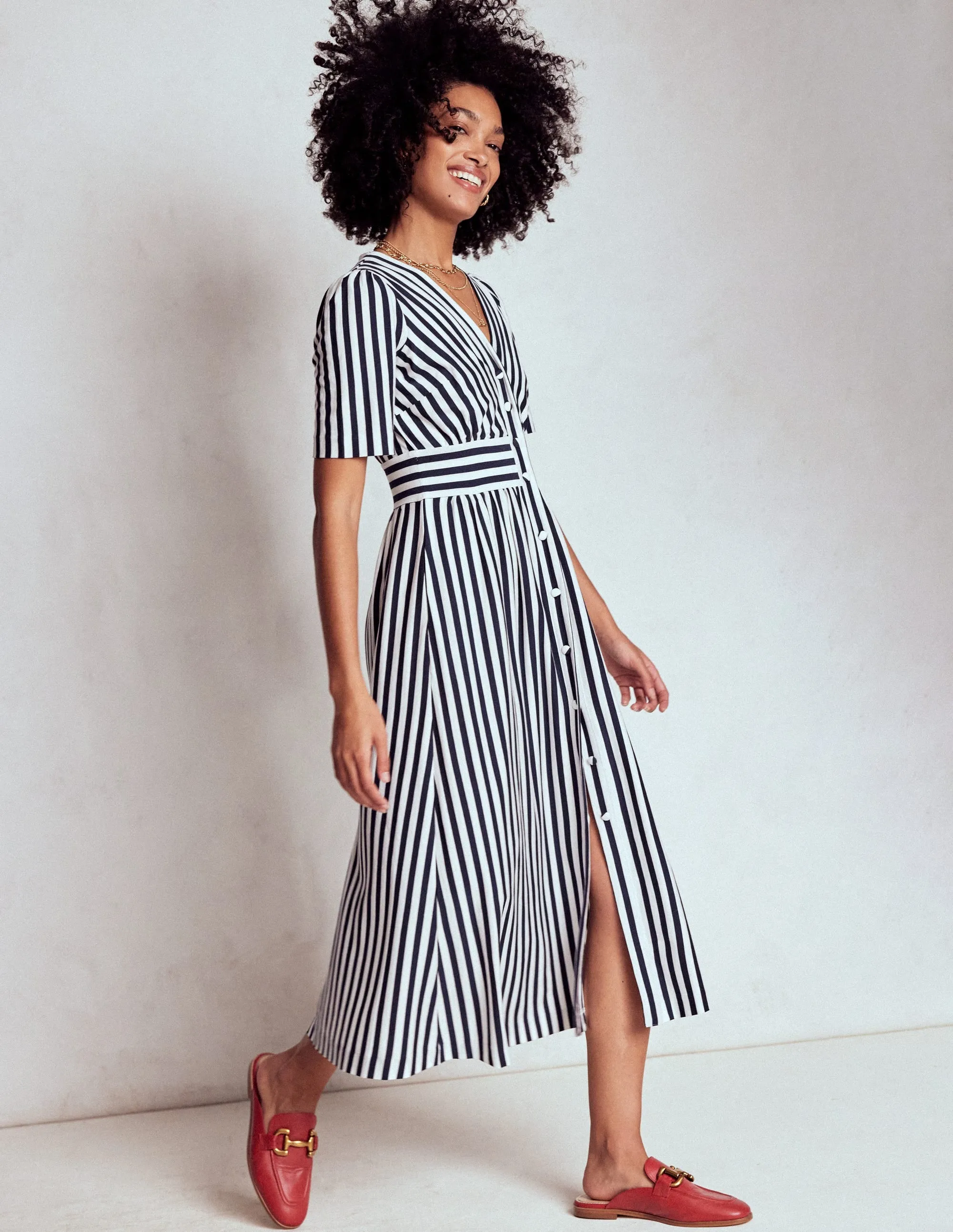 Chic Traveler Natalia Jersey Tea Dress-French Navy, Ivory Stripe