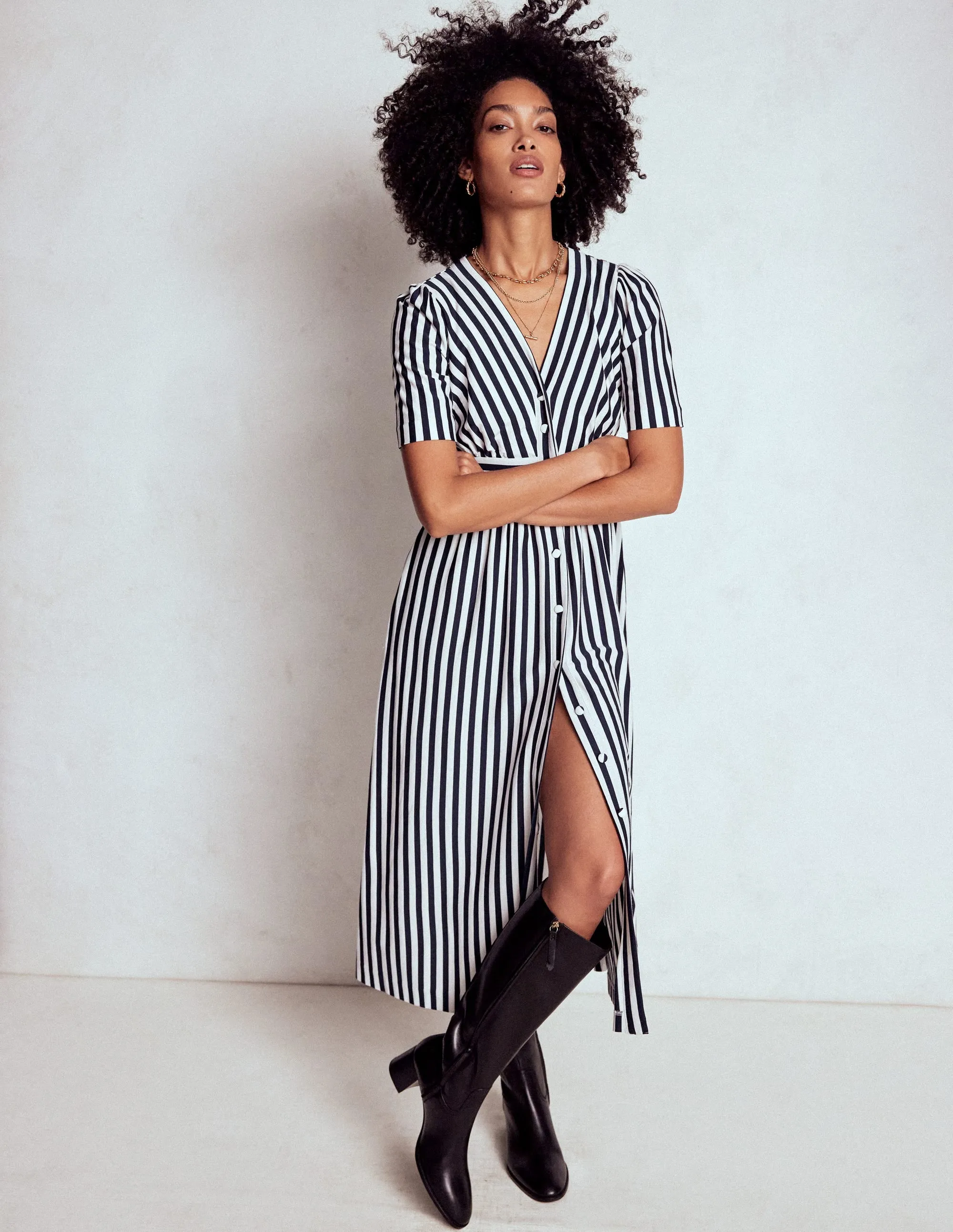 Natalia Jersey Tea Dress-French Navy, Ivory Stripe Coastal Granny Practical travel midi