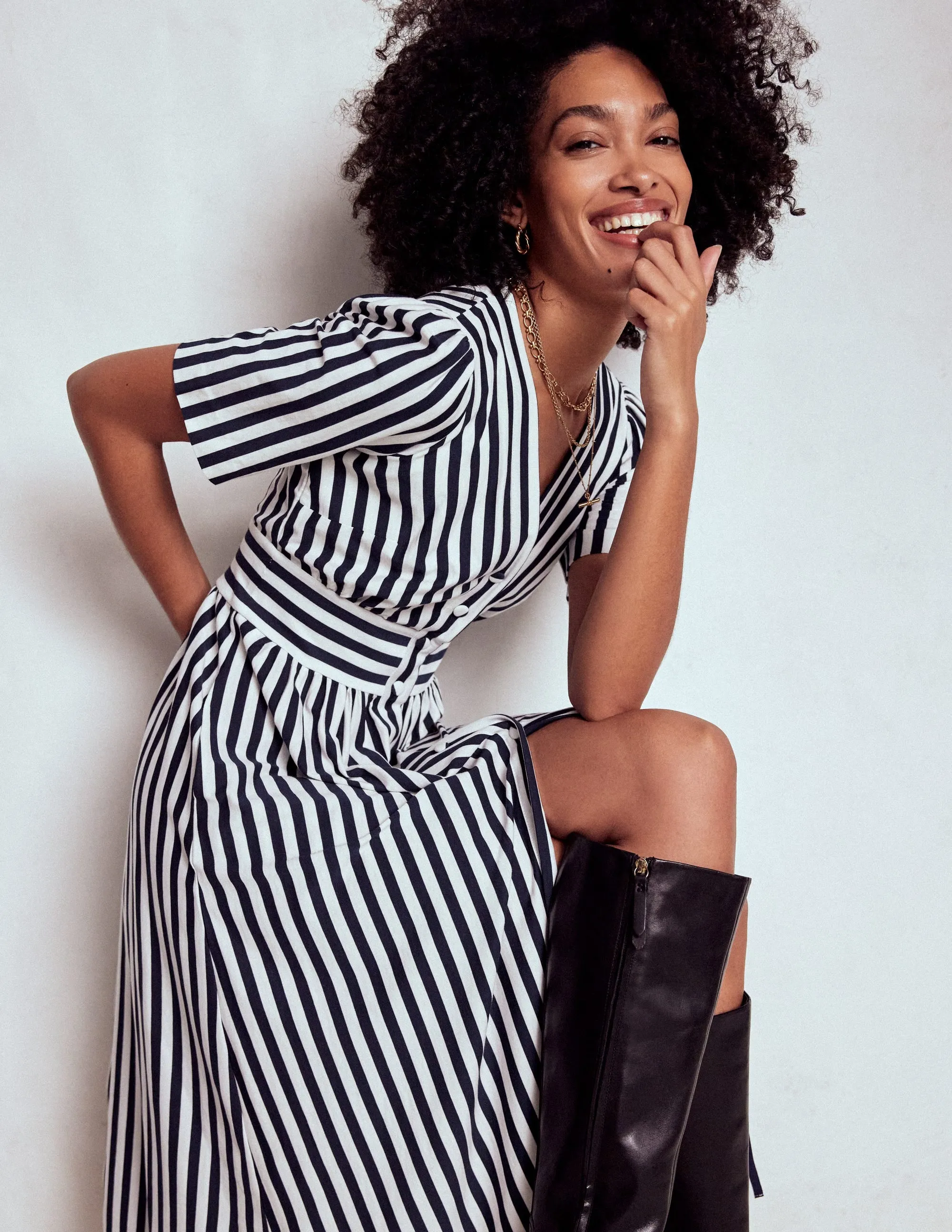 Natalia Jersey Tea Dress-French Navy, Ivory Stripe Gem Shine Tower Look