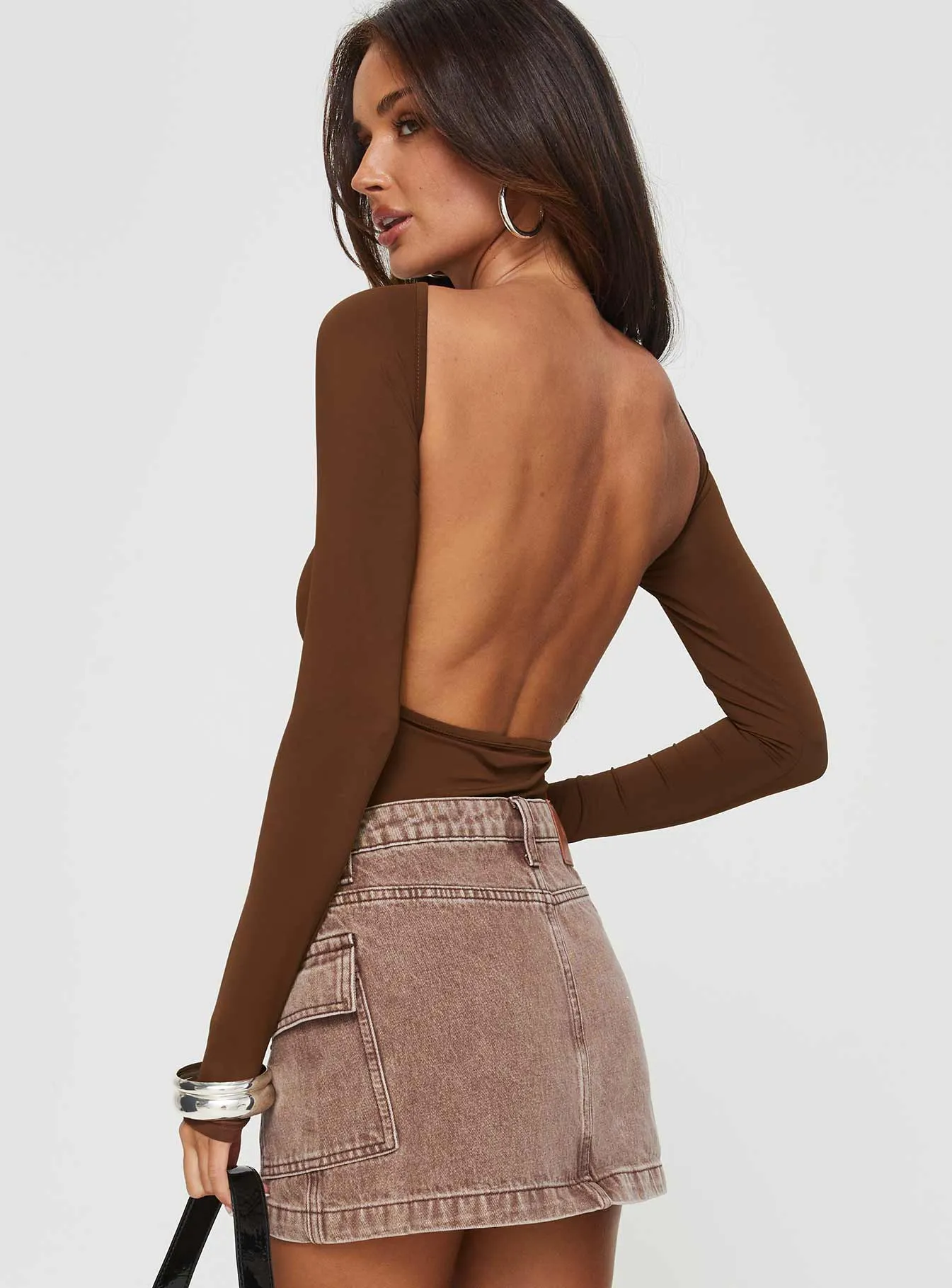 Casual Retro Basic Active Gatewood Long Sleeve Bodysuit Brown