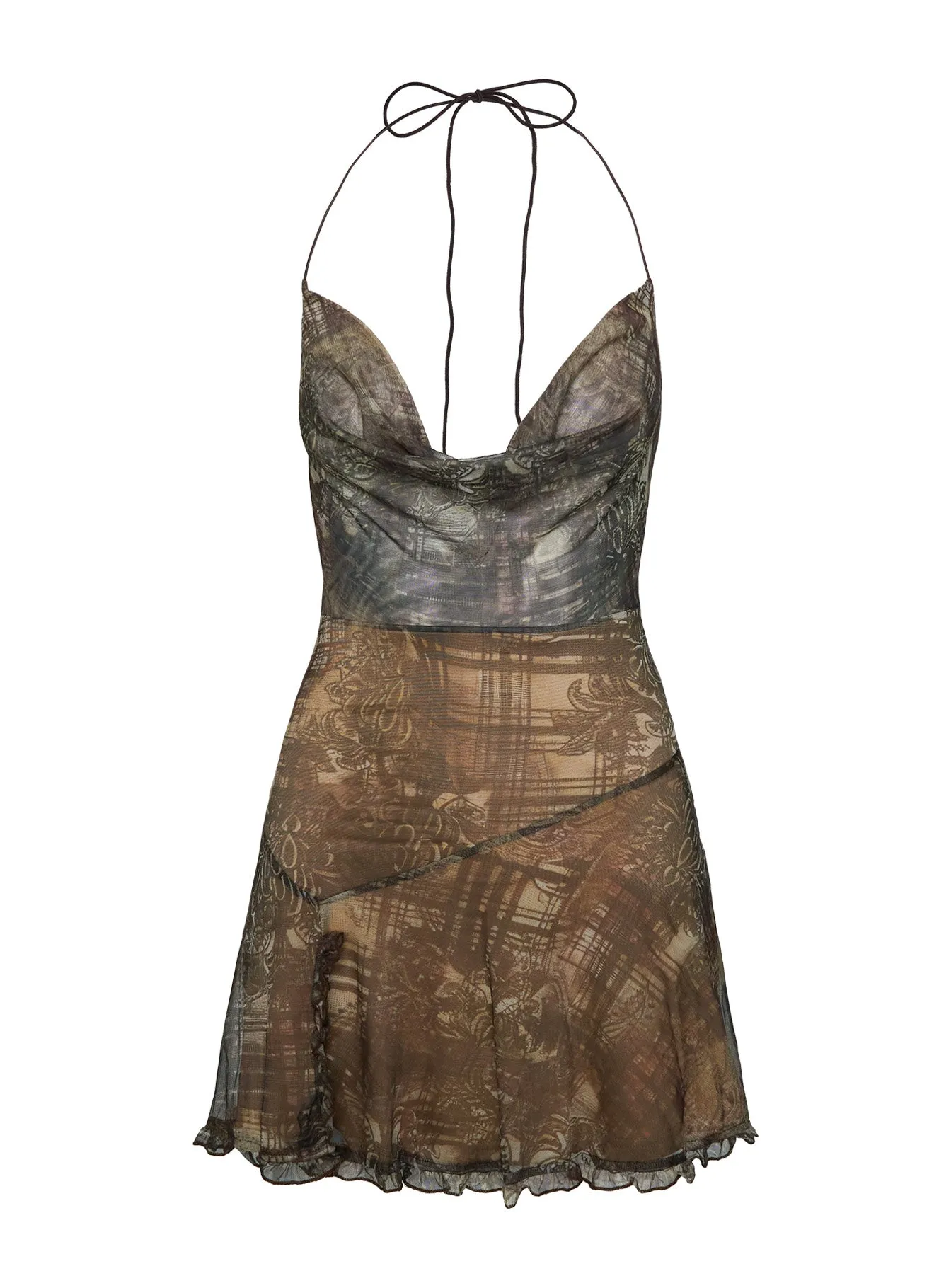 Brilliance Cowl Neck Mini Dress Brown Multi Stylish short-sleeve mini Light Fresh