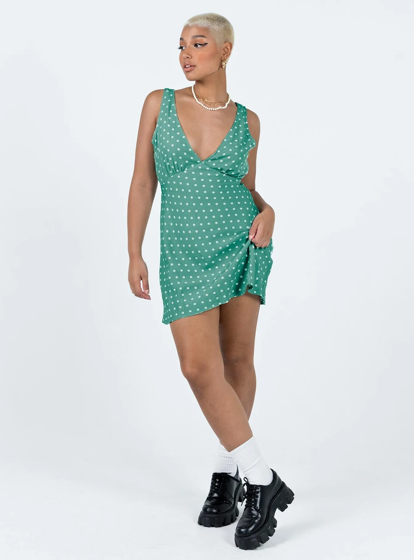 Floral Fit Nellie Mini Dress Green Polka Dot