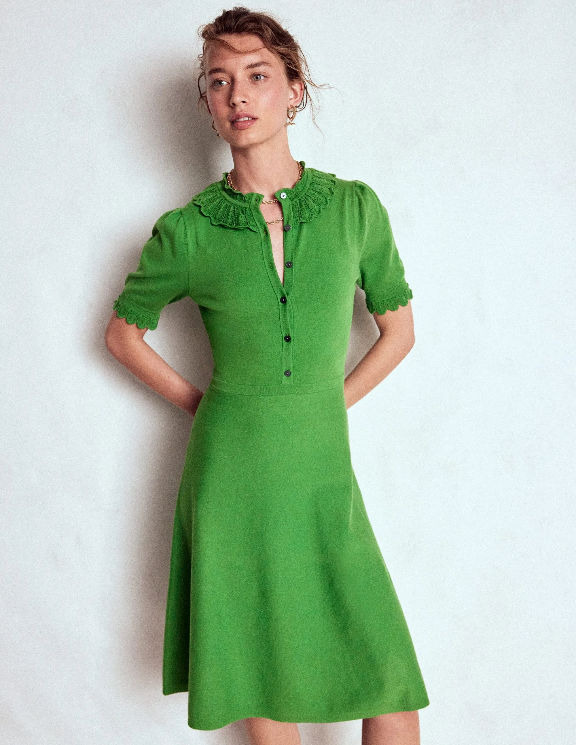 Flowy mid-length piece Temple Way Melina Ruffle Knitted Dress-Paradise Green