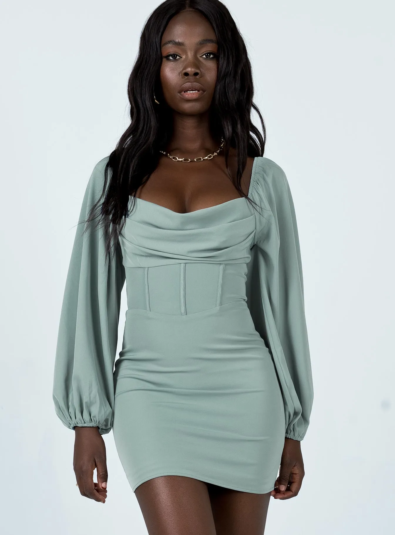 Curvy Love Full Coverage Back Lillie Long Sleeve Mini Dress Sage