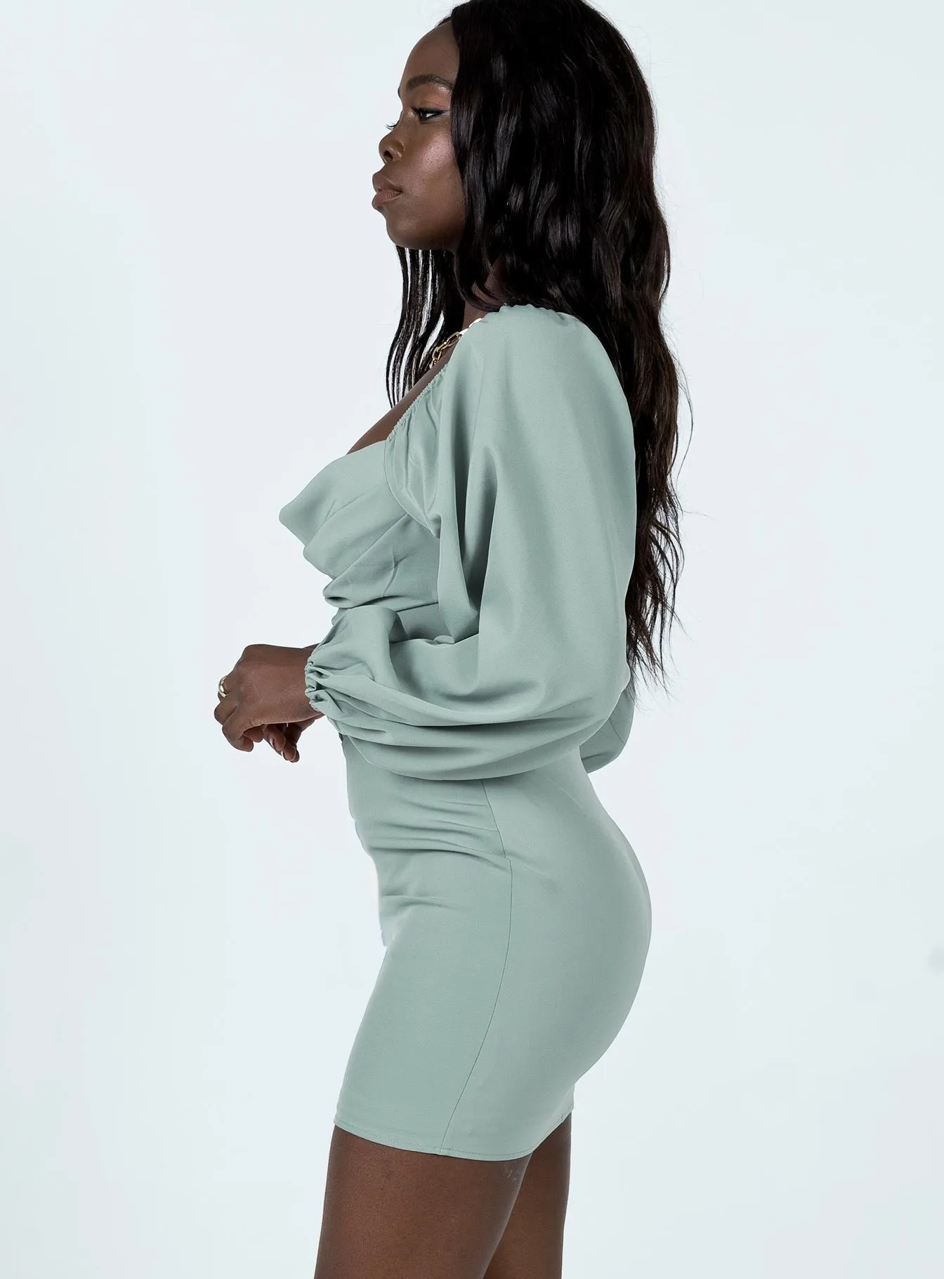 Lillie Long Sleeve Mini Dress Sage Photo Ready Twist Front Draping