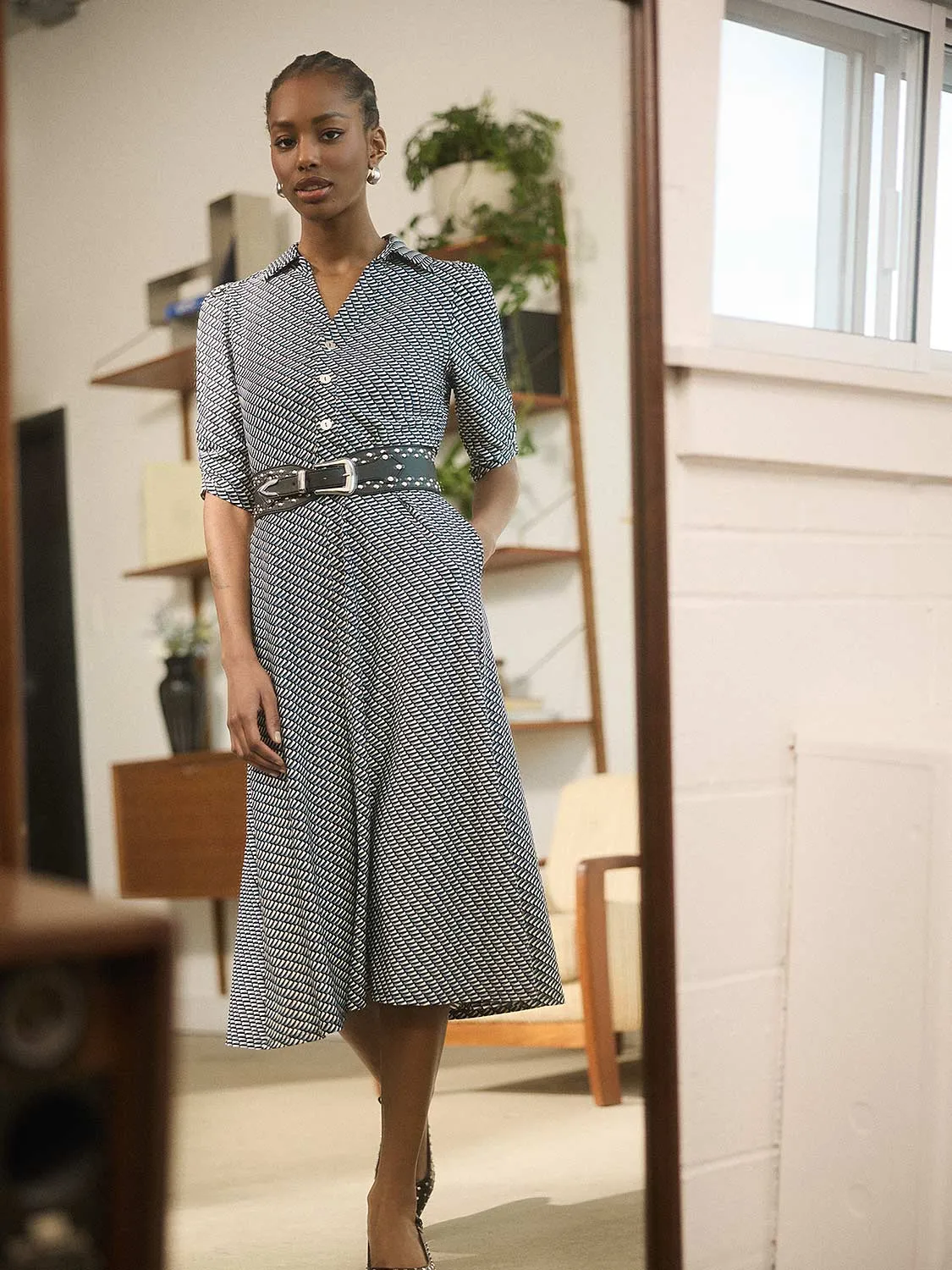 Geo Print Button-Front Midi Dress With Pockets Moon Beam Wool Warm