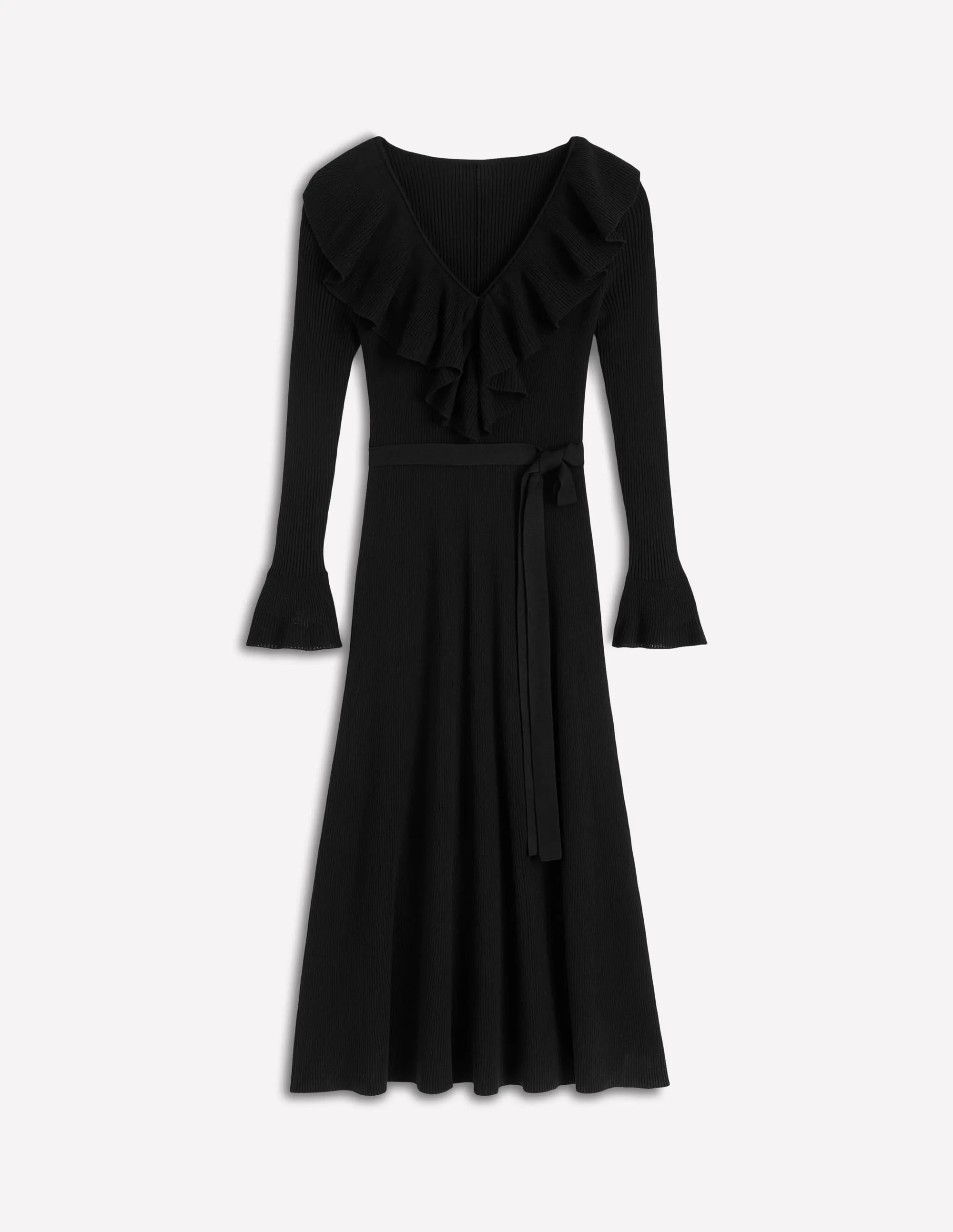 Ruffled Ribbed Dress-Black Summer Picnic Feminine stylish midi