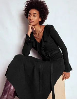 Versatile event piece Ruffled Ribbed Dress-Black