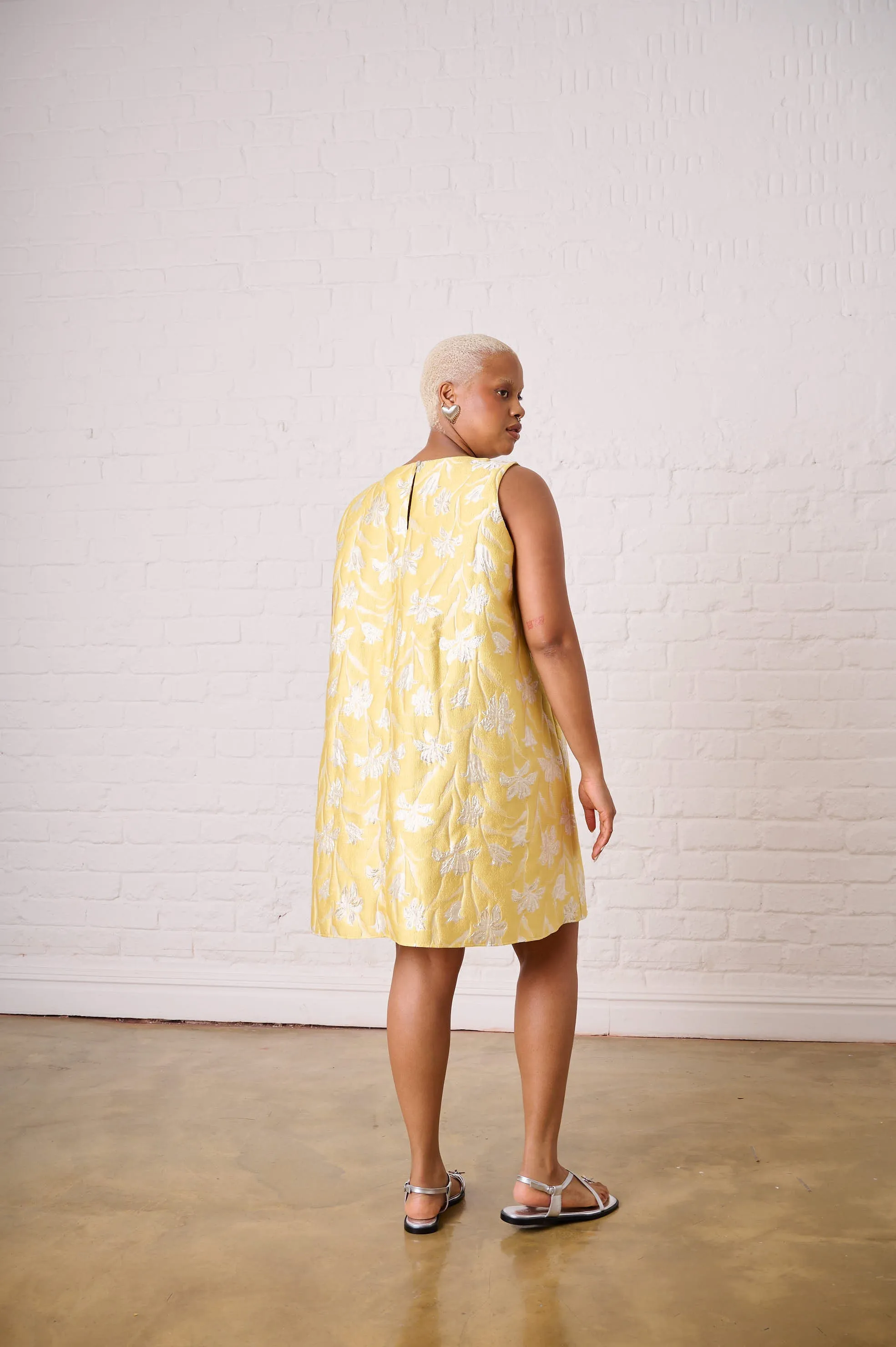 smooth zipper LowMaintenance Material Yellow Brocade Swing Dress